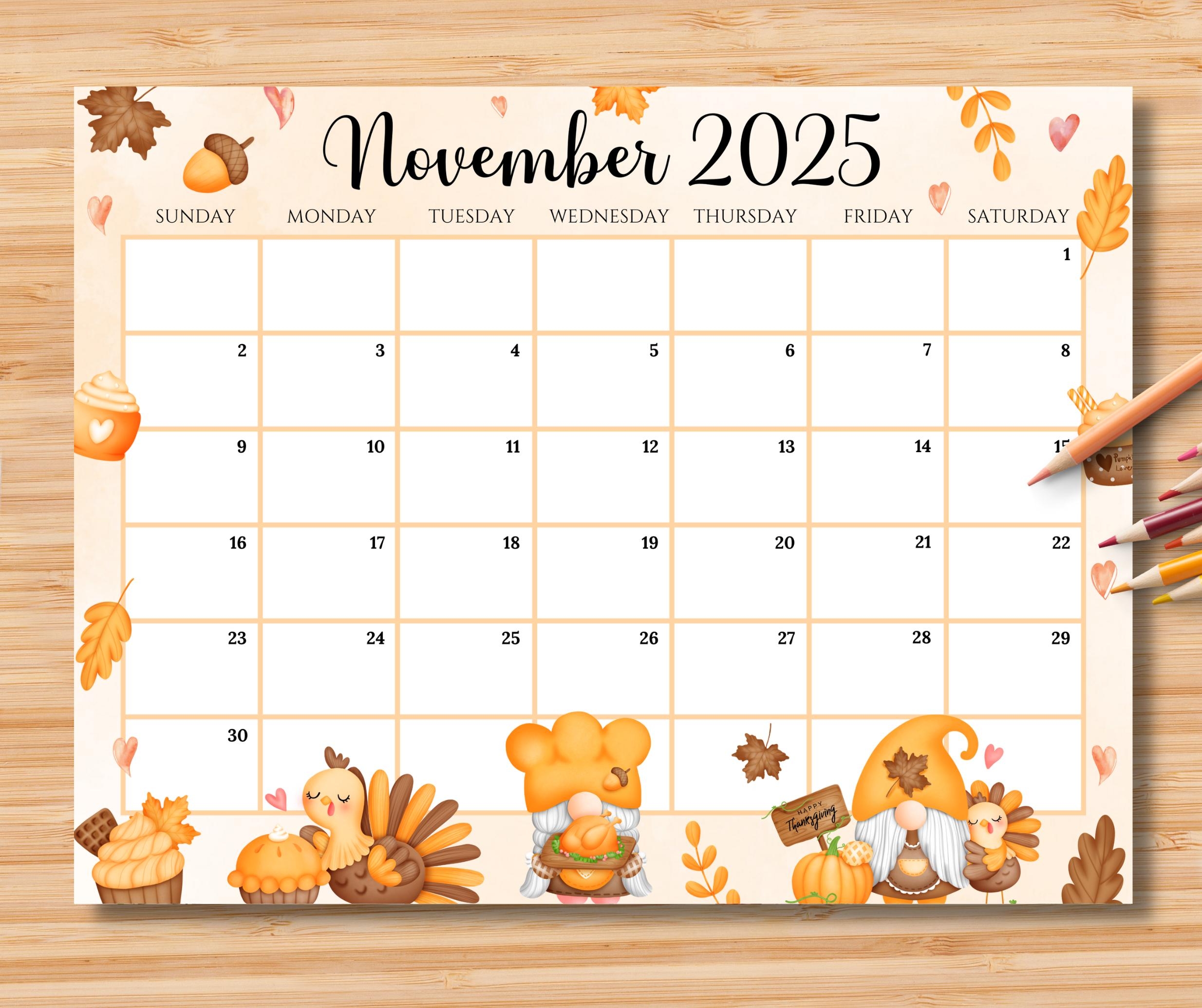 EDITABLE November 2025 Calendar Happy Thanksgiving With Cute Gnomes U0026 Turkey Printable Monthly Schedule For Kids School Home Office Work Etsy