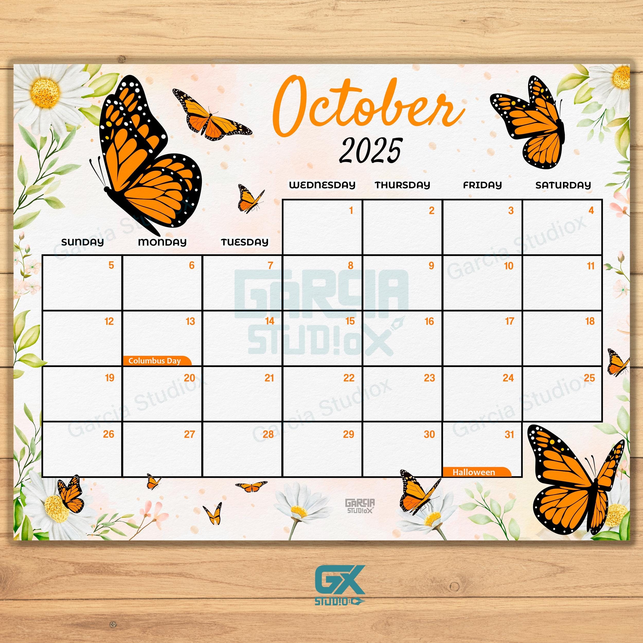 Editable October 2025 Calendar Orange Butterfly U0026 Floral Design 