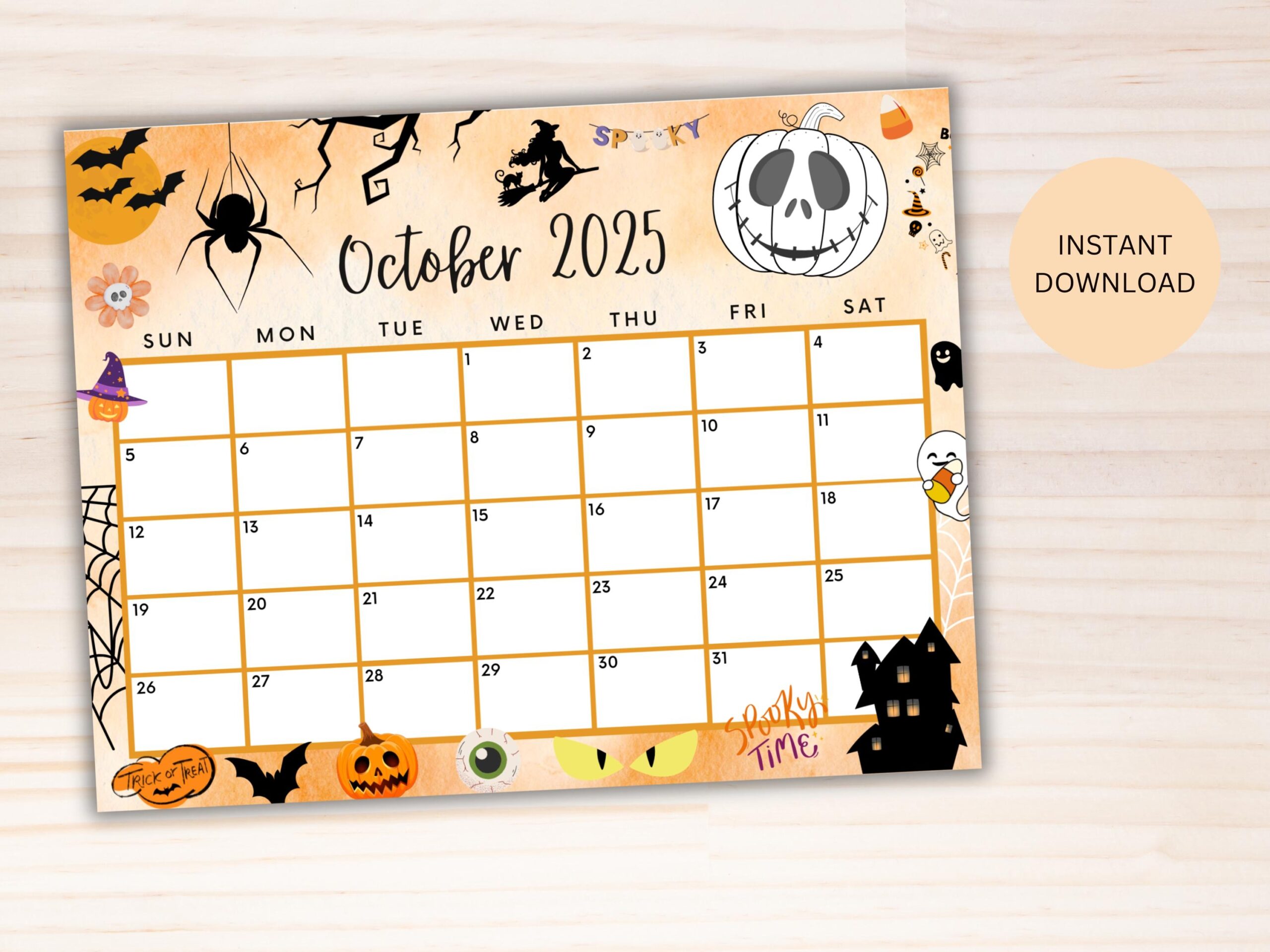 Editable October 2025 Calendar Printable Spooky Halloween Calendar W Scary Pumpkins And Spiders Cute School Calendar Halloween Planner Etsy