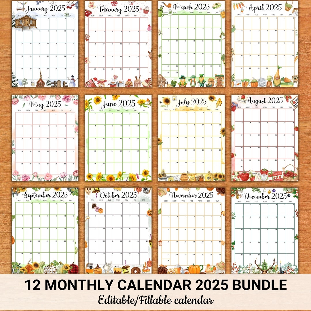 EDITABLE Vertical portrait Monthly Calendar 2025 Bundle 