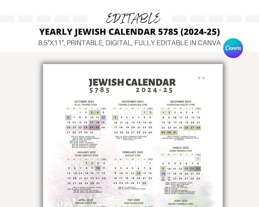 EDITABLE Yearly Jewish Calendar Jewish Calendar 5785 Hebrew Calendar 2024 2025 Hebrew Calendar 5785 Jewish Holidays Canva Template Etsy