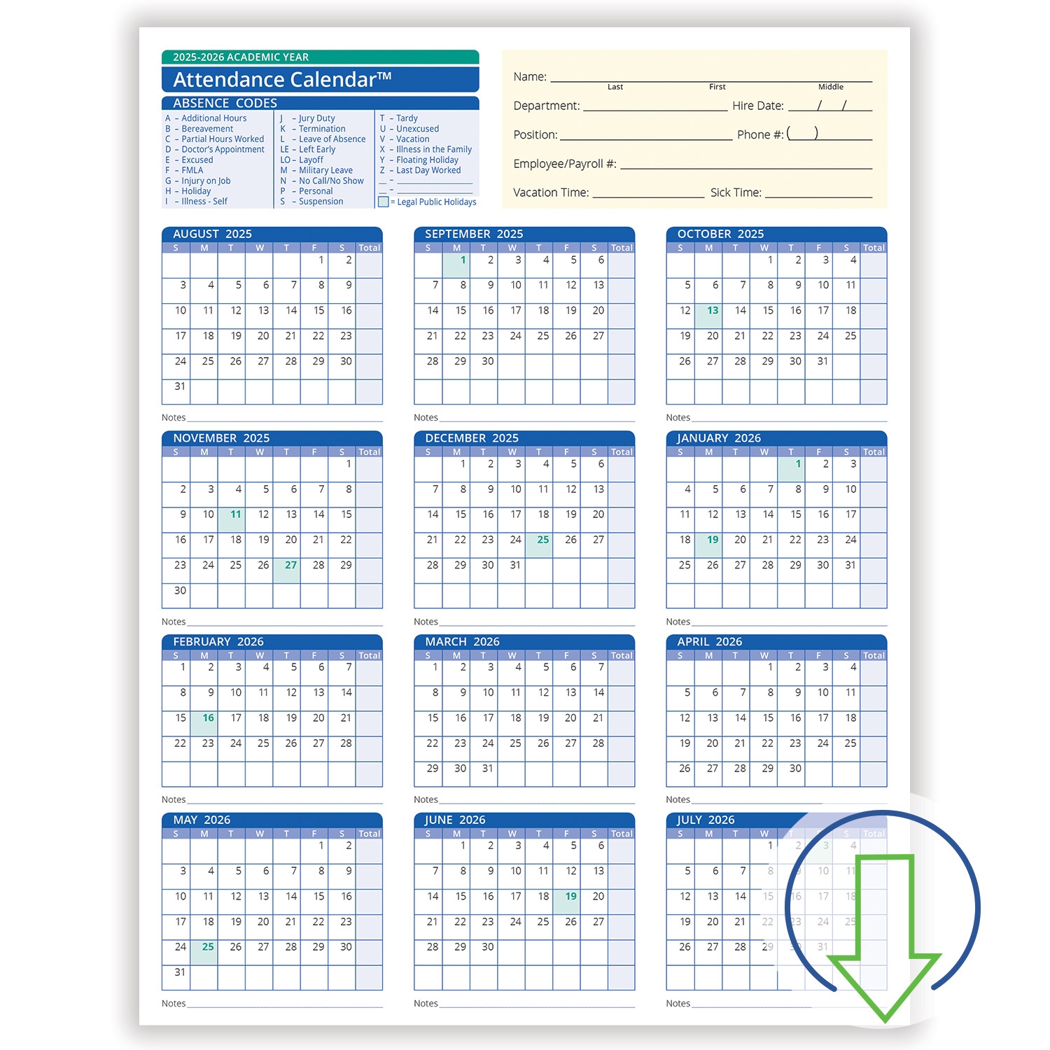 Fill and Save Academic Year Employee Attendance Calendar