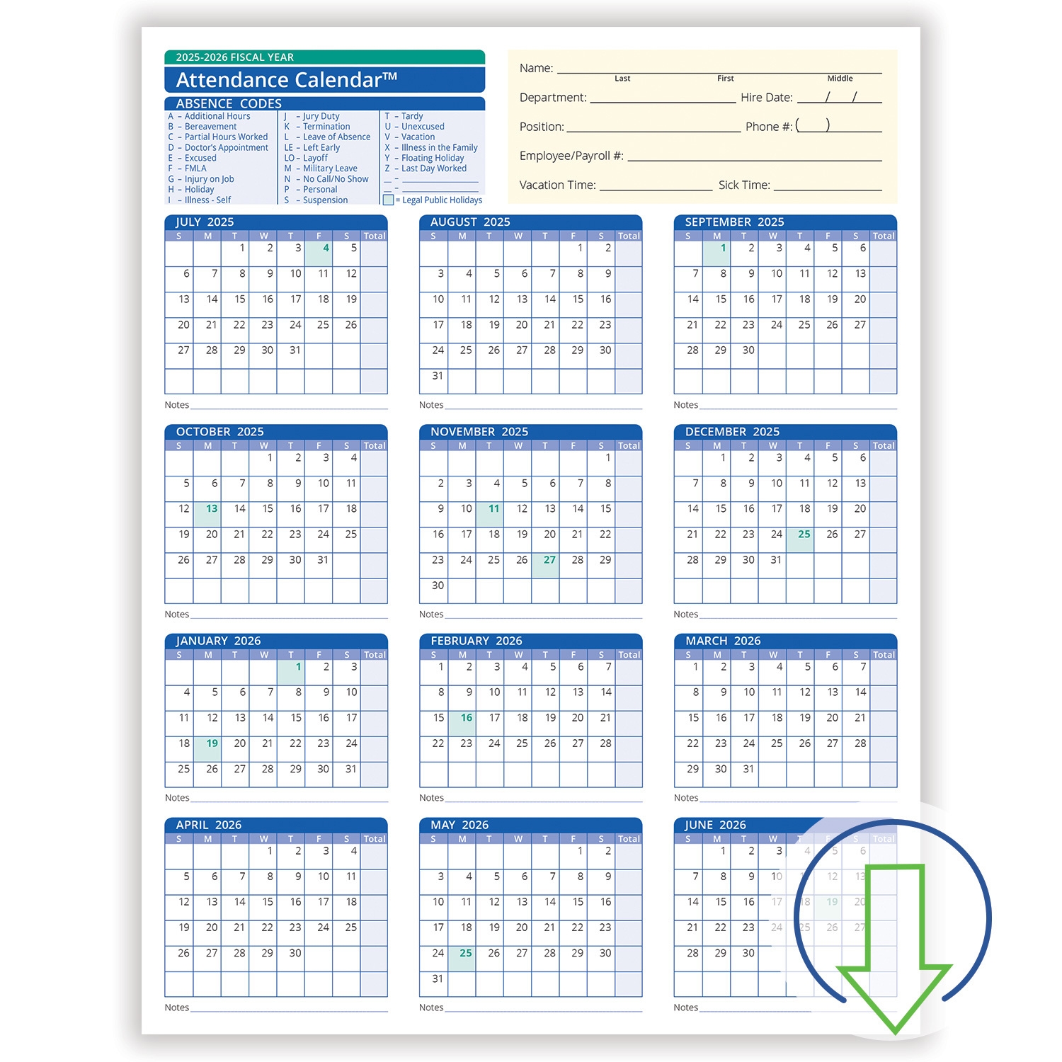 Fill and Save Fiscal Year Employee Attendance Calendar