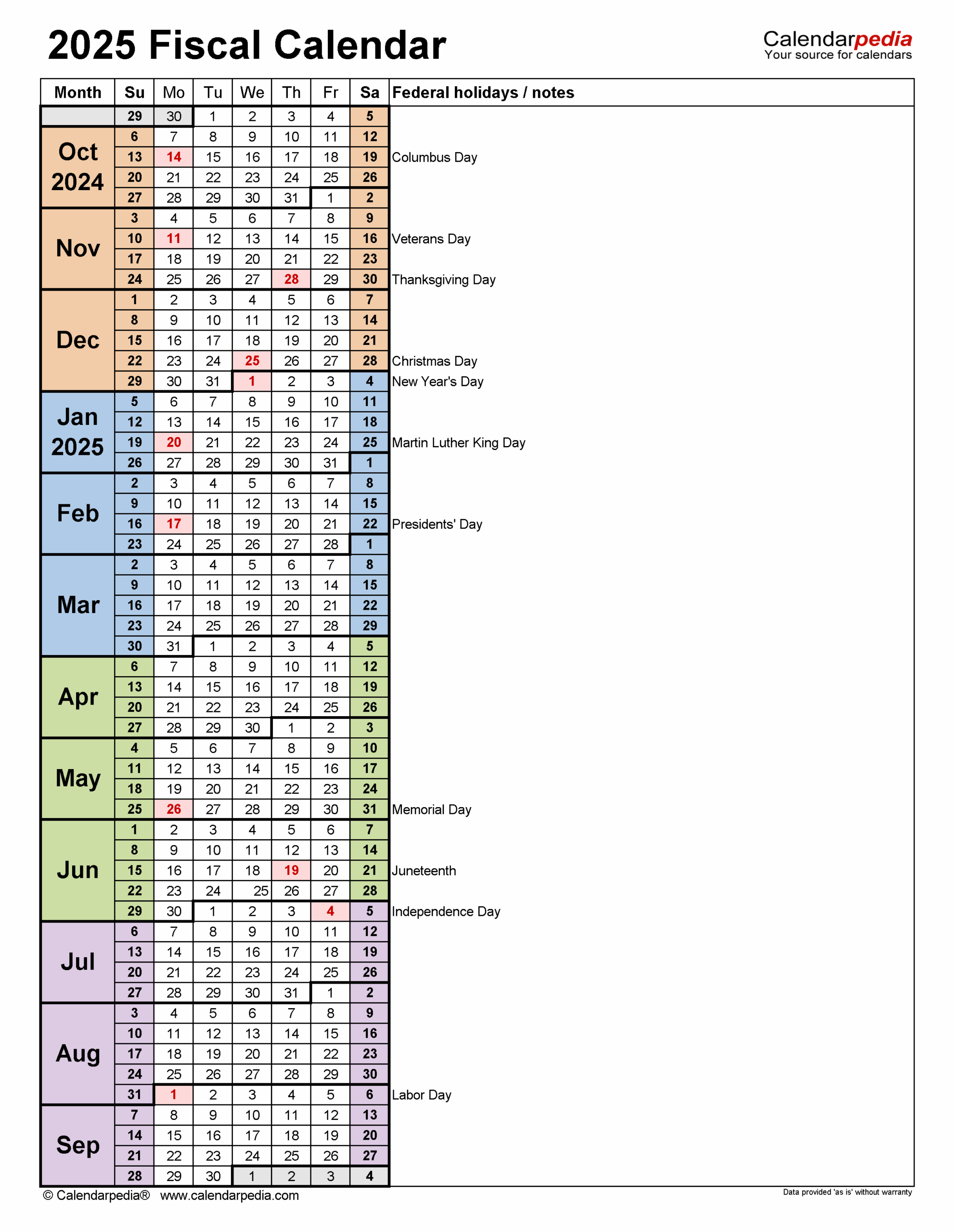 Fiscal Calendars 2025 Free Printable Word Templates