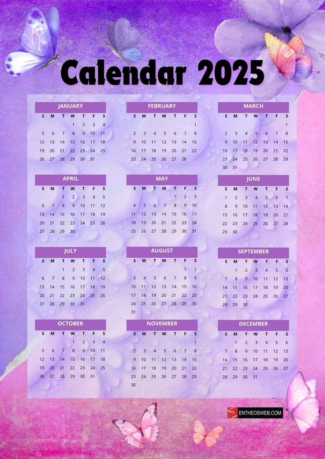 Free Printable 12 Month Calendar 2025 With Holidays