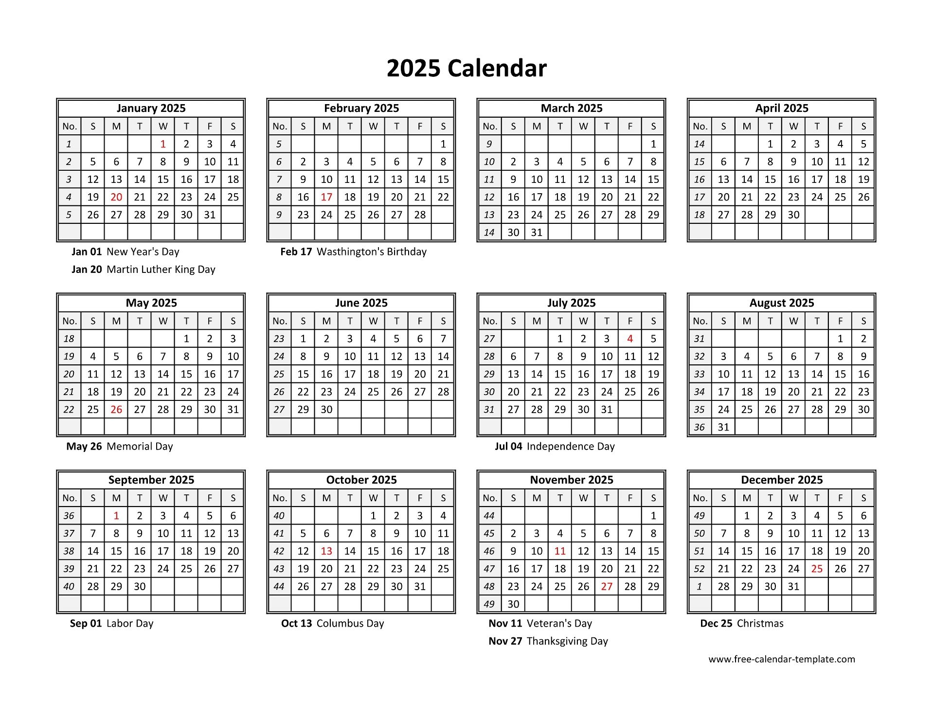 Free Printable 2025 Calendar One Page Word