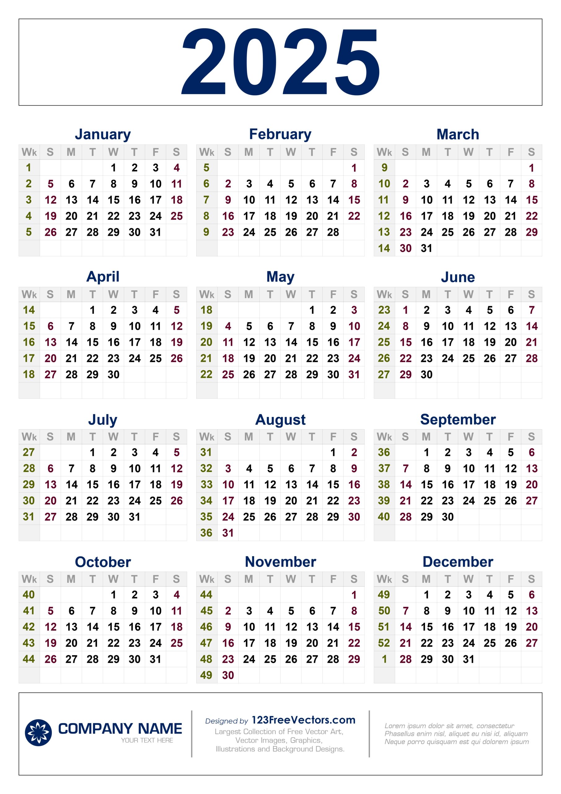 Free Printable 2025 Weekly Calendar With Holidays