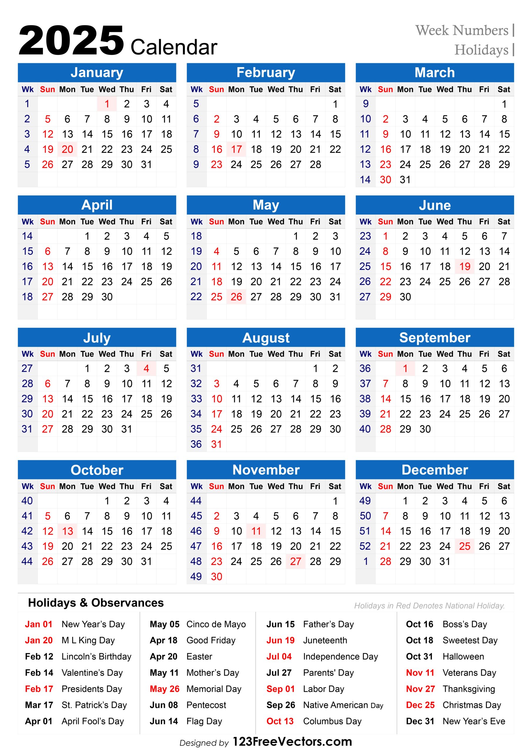 Free Printable 2025 Calendar With Holidays And Week Numbers