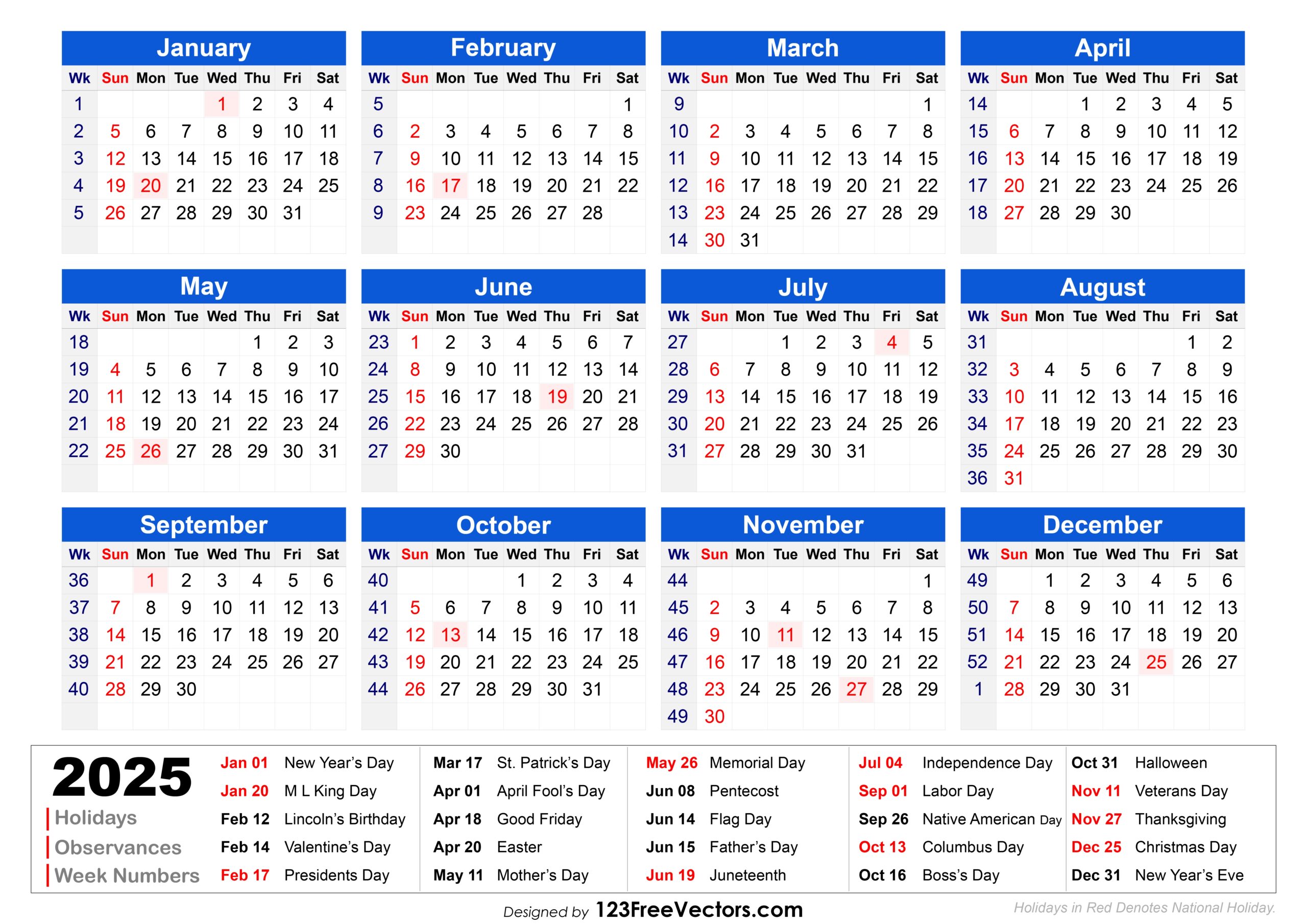 Free Download 2025 Holiday Calendar With Week Numbers Printable