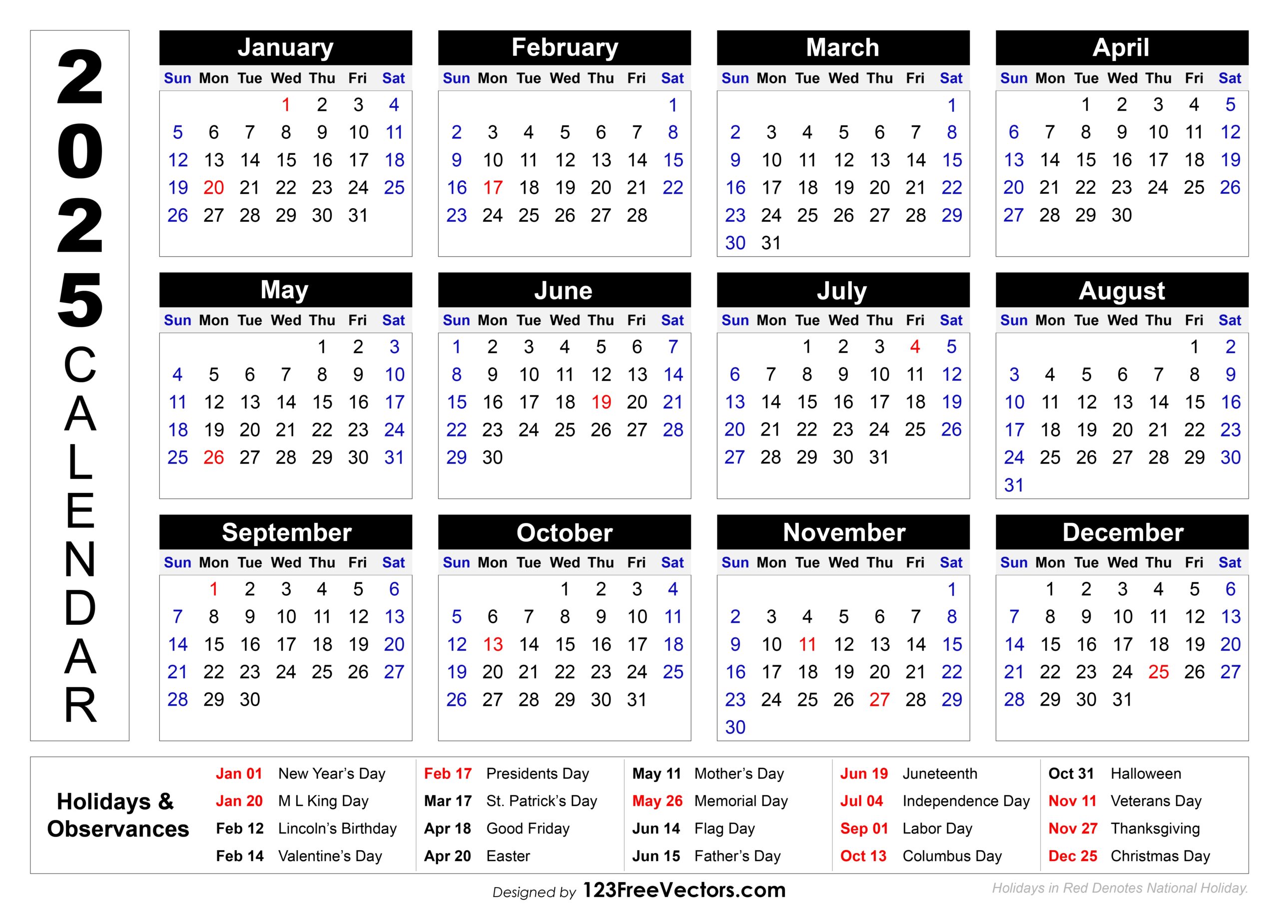 Free Printable 1 Page 2025 Calendar With Holidays