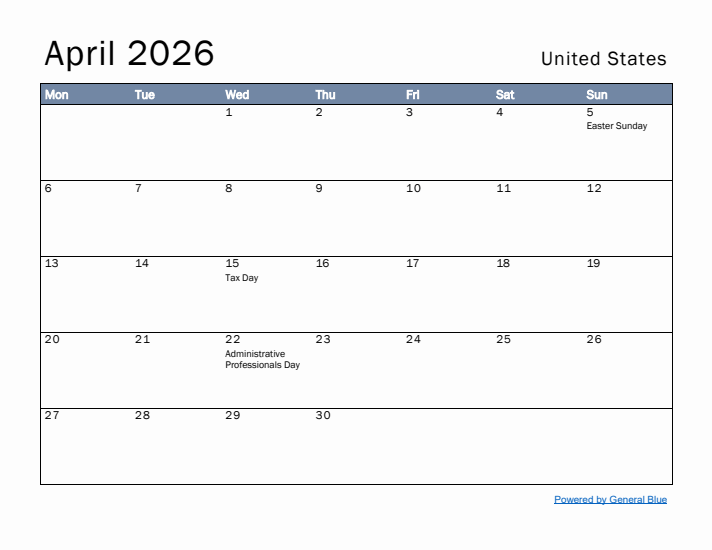 Free Monthly Calendar Template For April 2026 With United States 