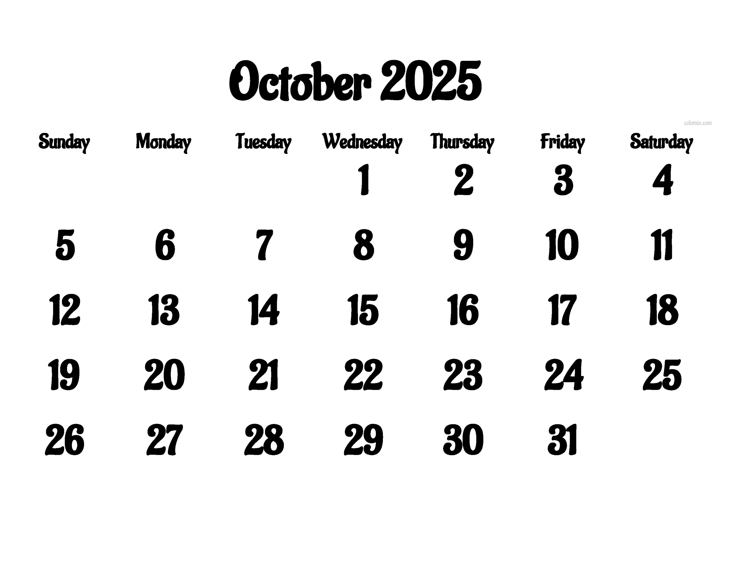 October 2025 Calendar Free Printable