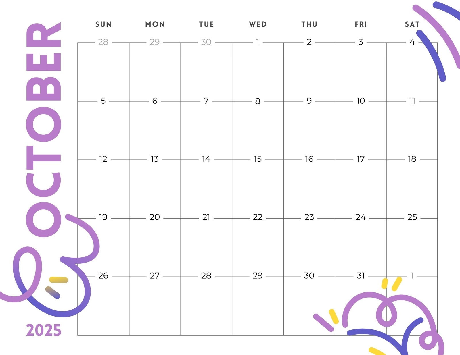 October Calendar 2025 With Lines