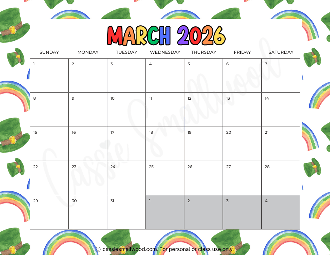 Free Printable Blank March 2026 Calendar
