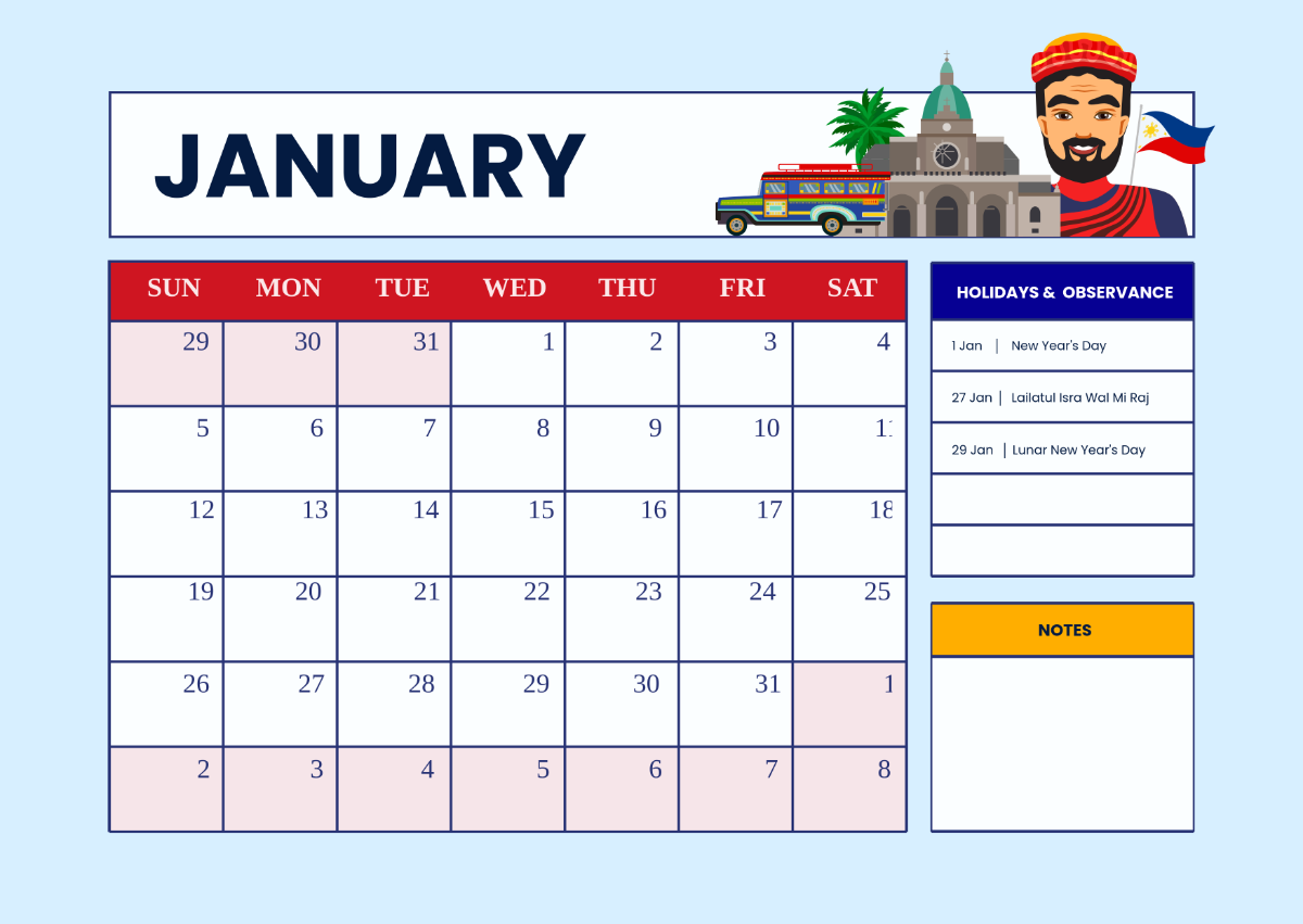 Free Printable A4 January 2025 Calendar Template To Edit Online