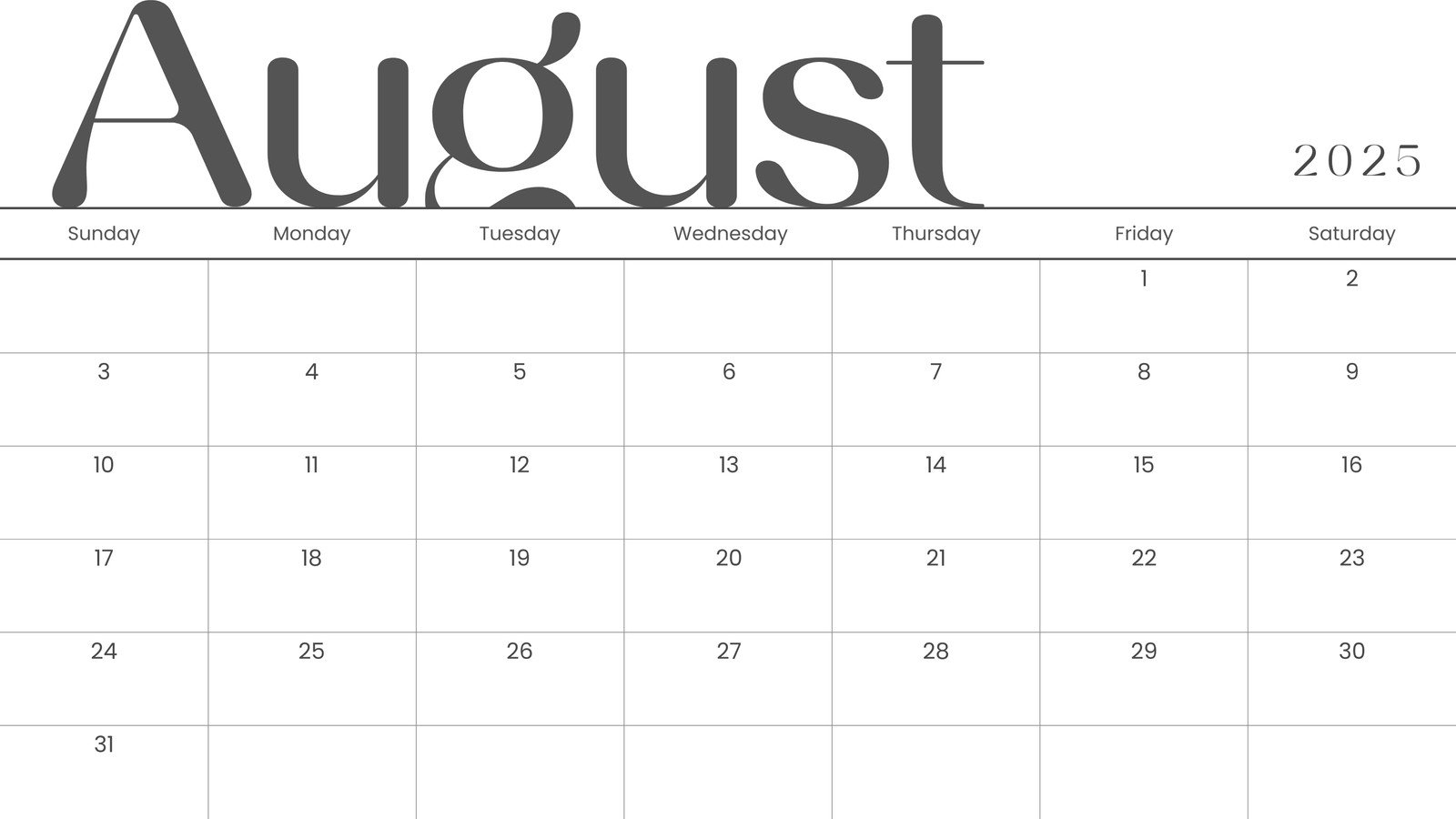 Blank August Printable Calendar 2025