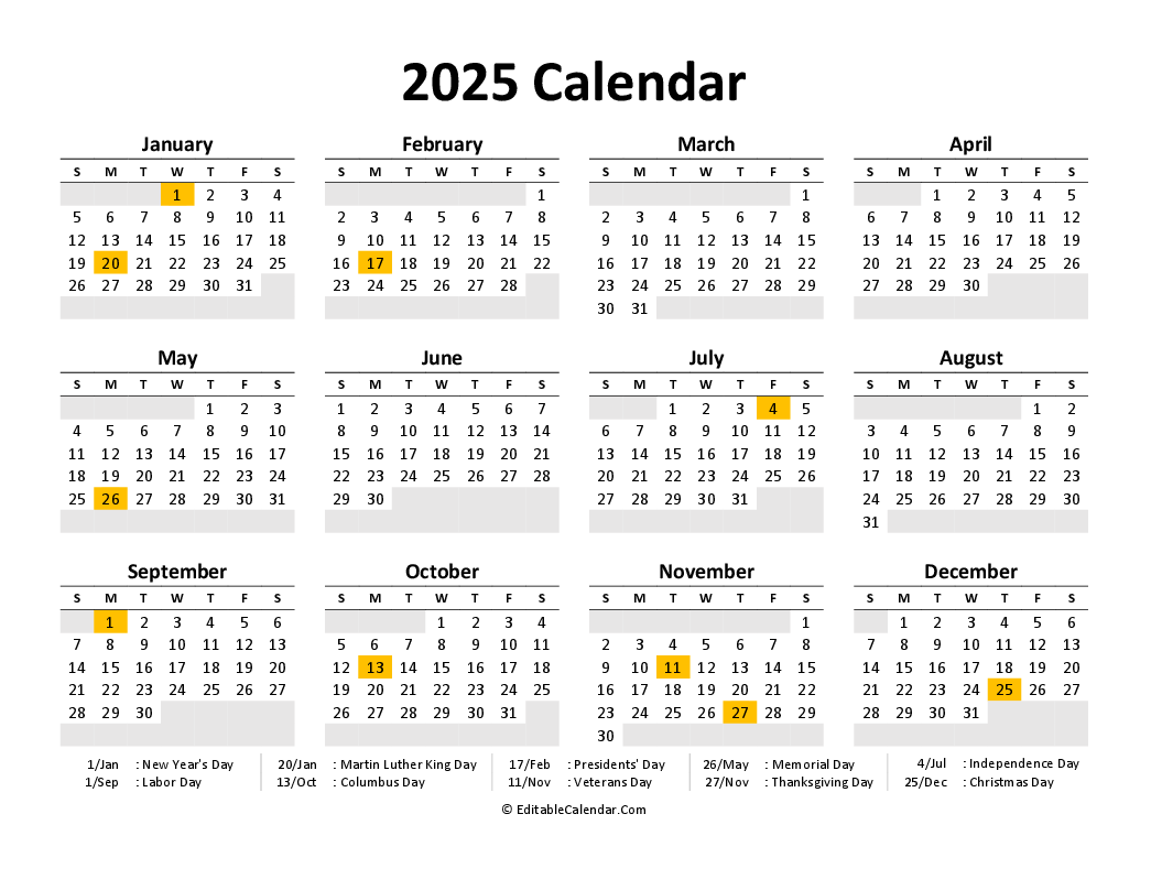 Free Printable 2025 Yearly Calendar With Federal Holidays