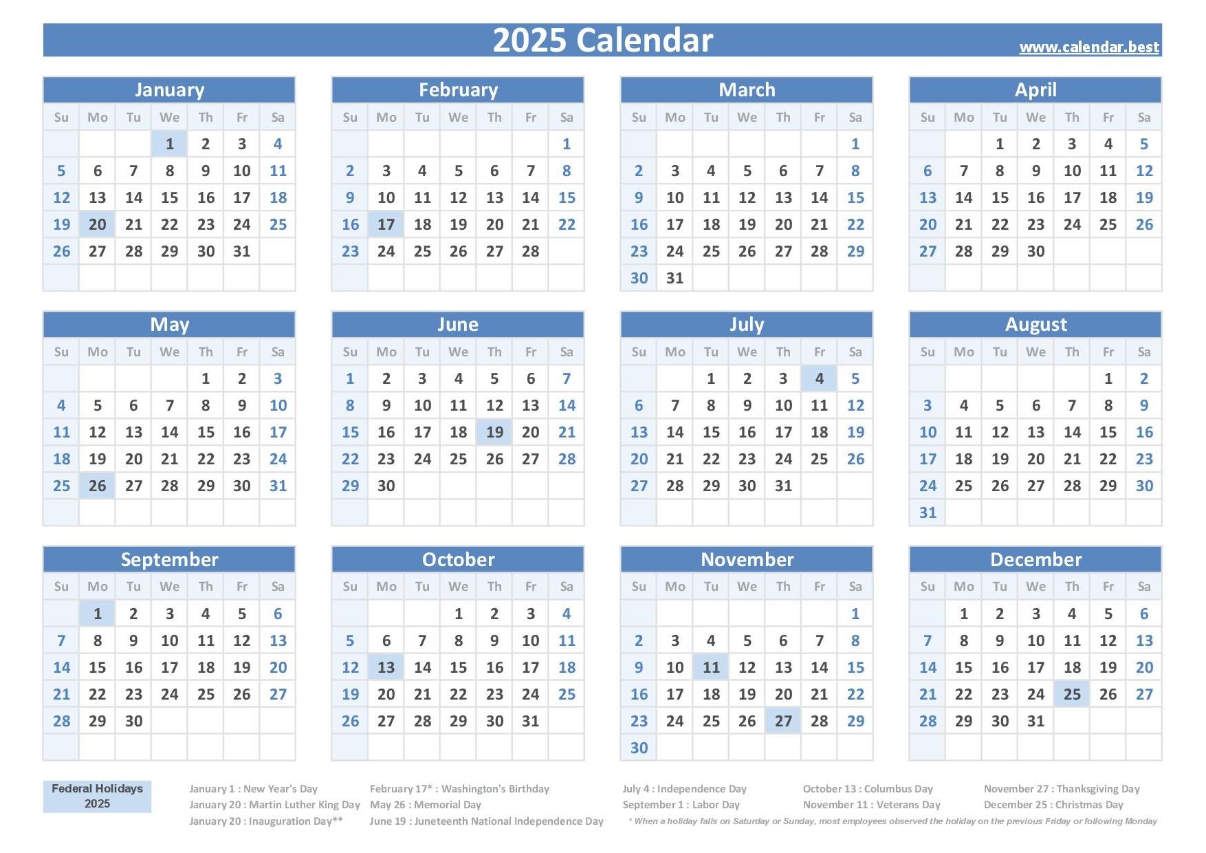 Free Printable 2025 Monthly Calendar With Holidays And Notes