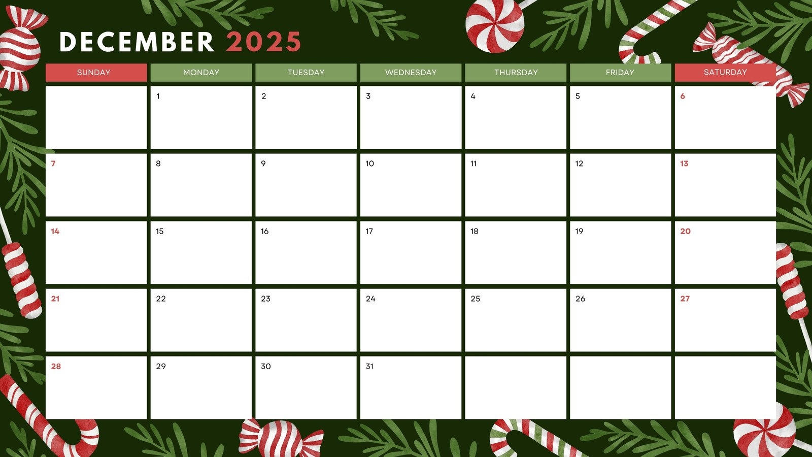 Blank Printable December Calendar 2025