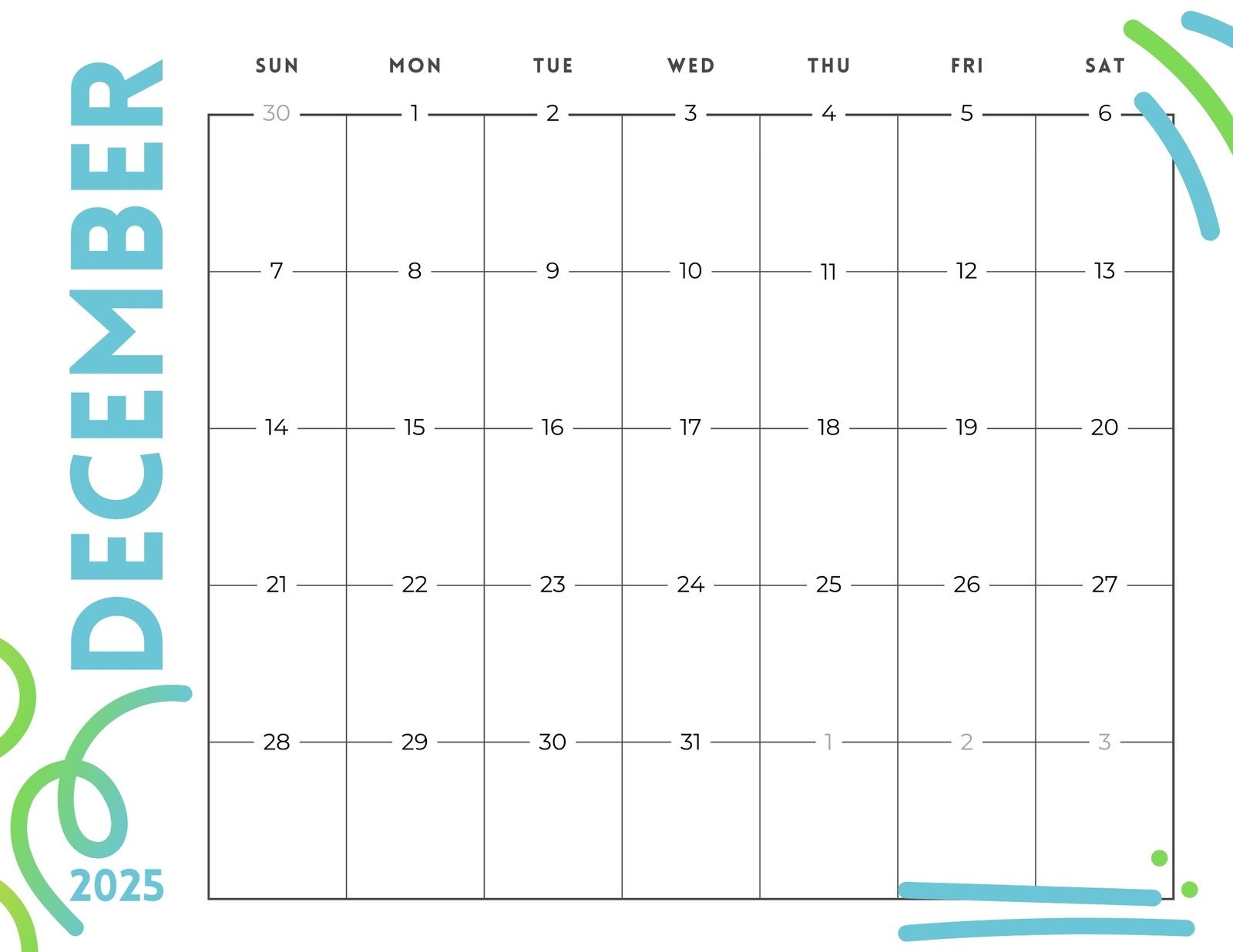 December 2025 Printable Monthly Calendar