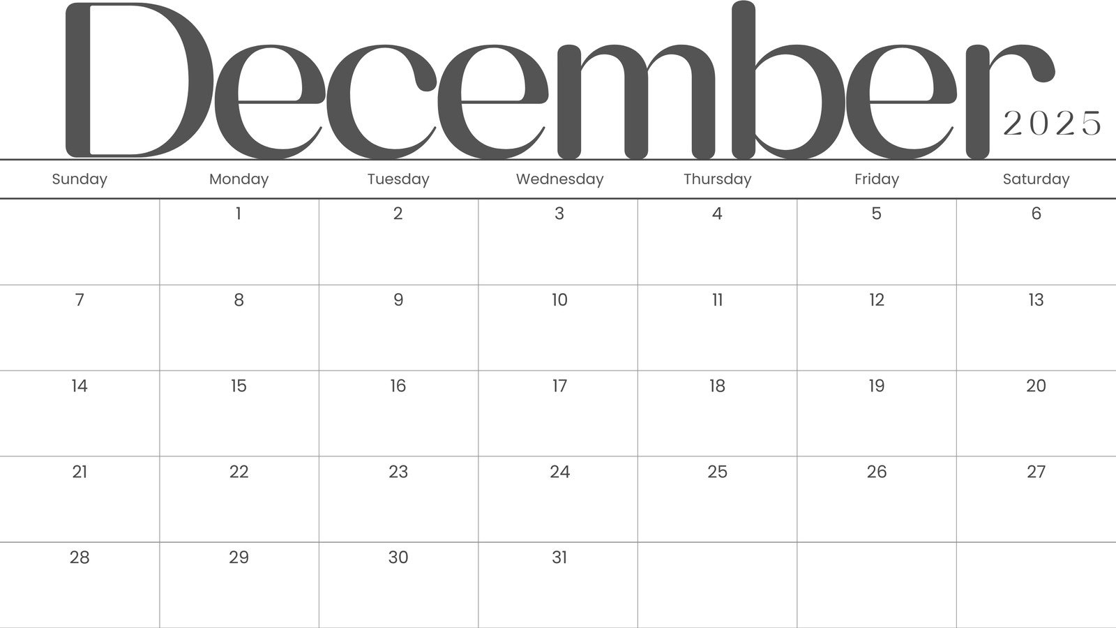Calendar 2025 December Month Printable