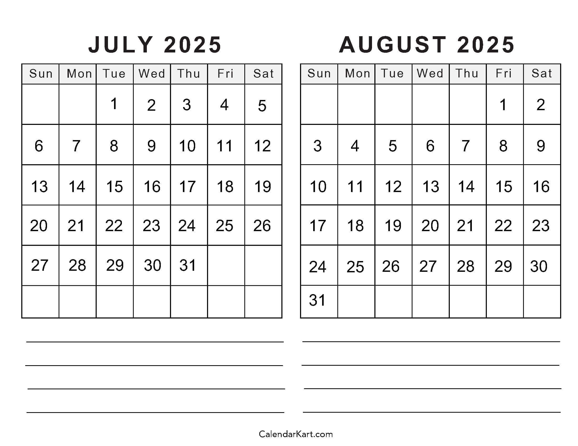 Calendar July August 2025 2
