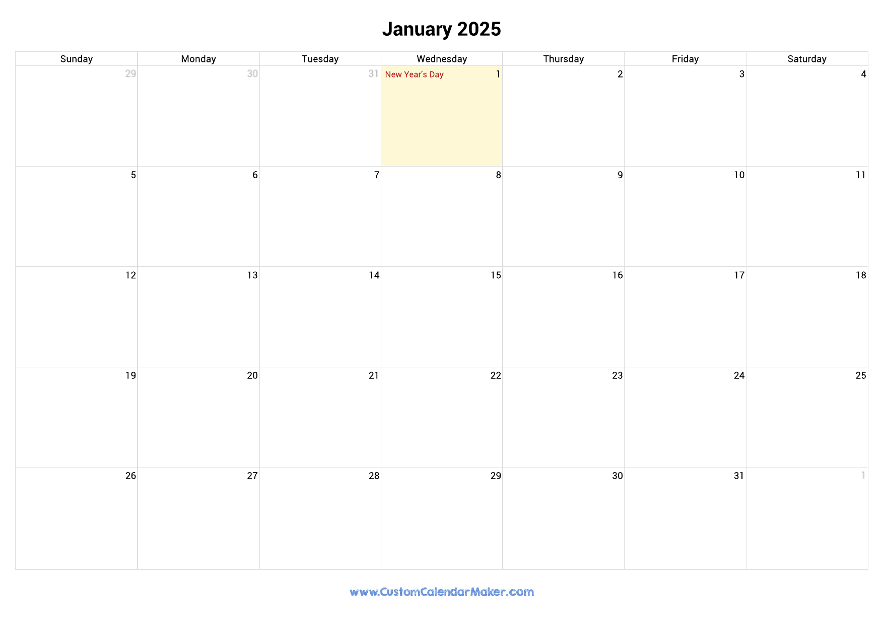 January 2025 Printable Calendar With Canadian Holidays Custom Calendar Maker