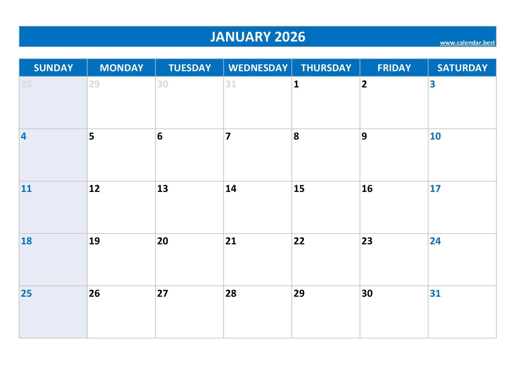 Free Printable 2026 Calendar January
