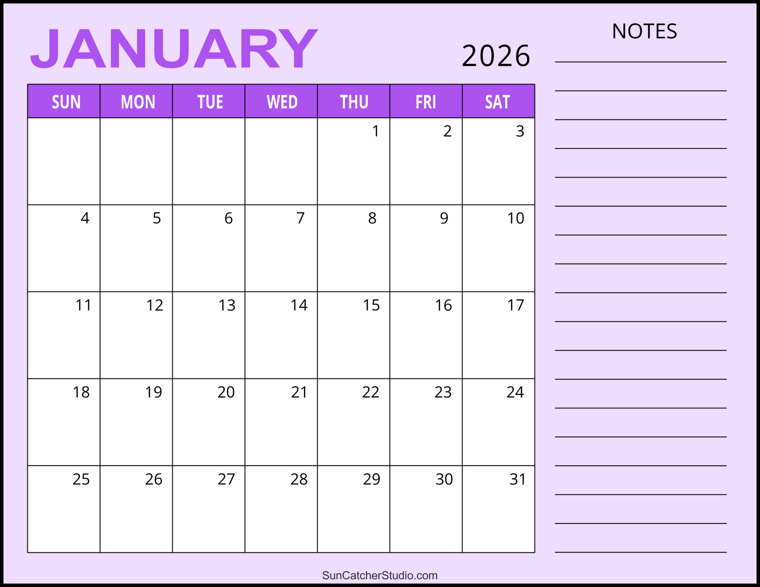 Cute January 2026 Printable Calendar