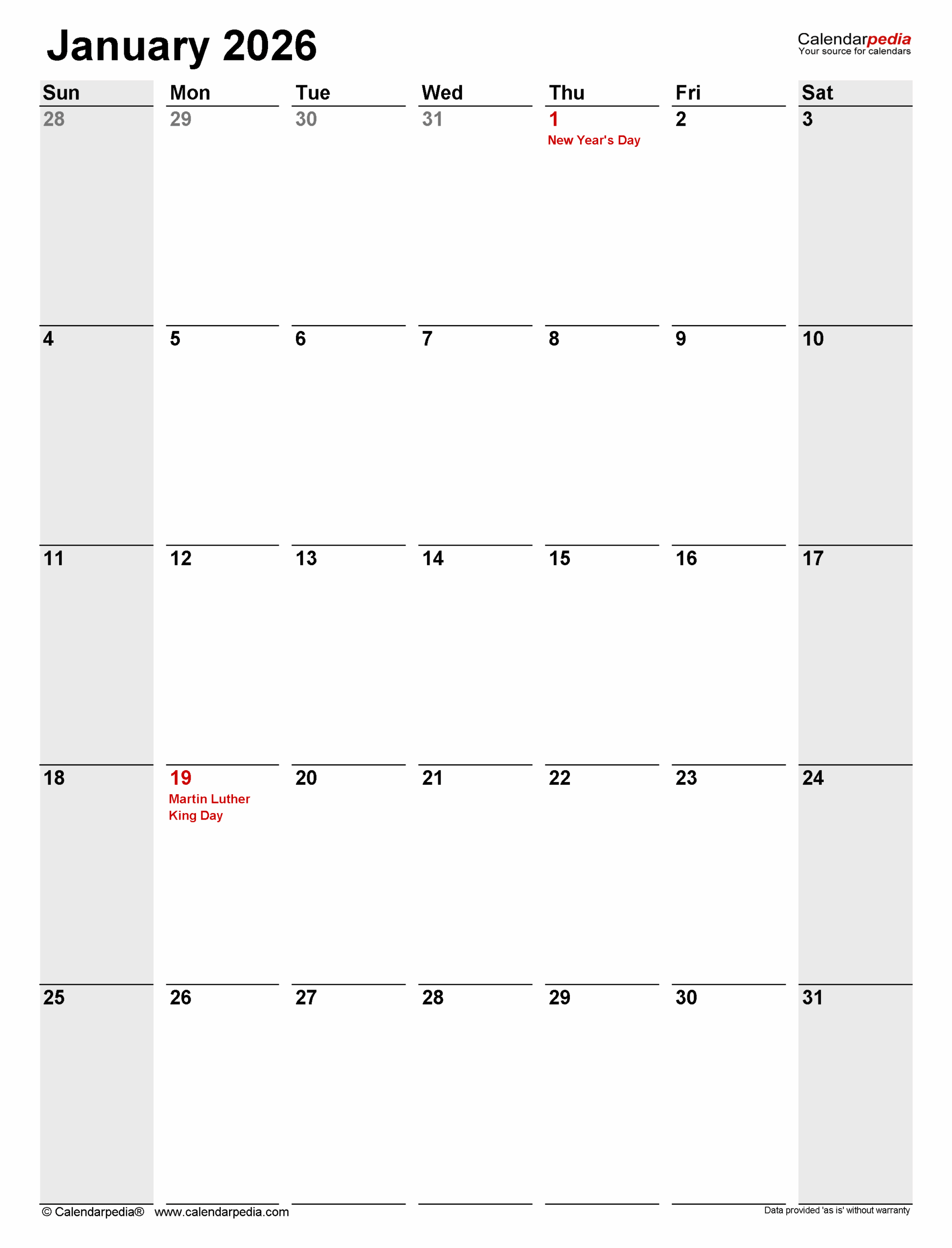 January 2026 Calendar Vertical Printable