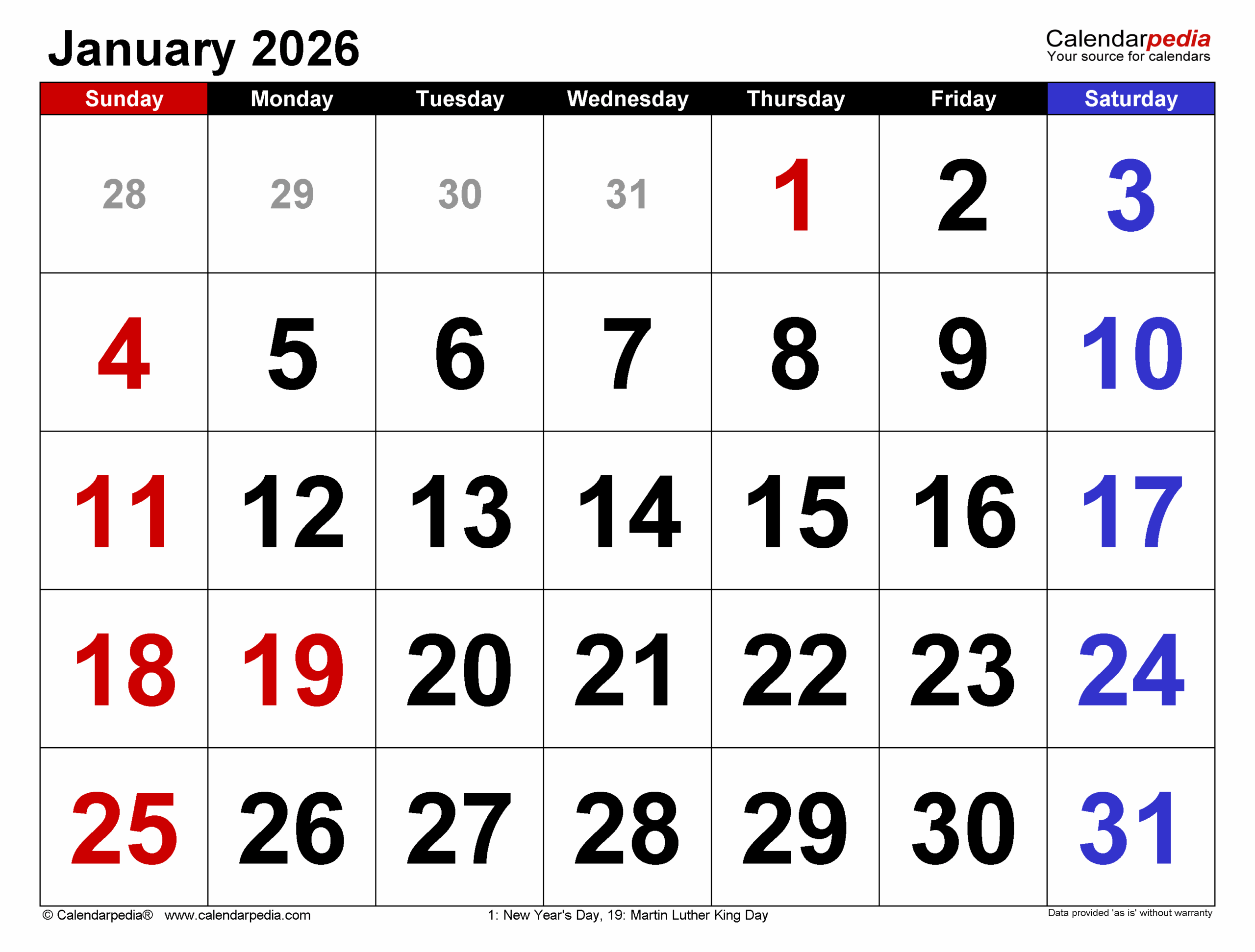 Printable January Calendar 2026