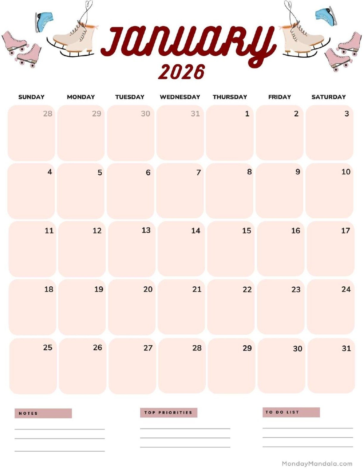 Vertical January 2026 Calendar Printable