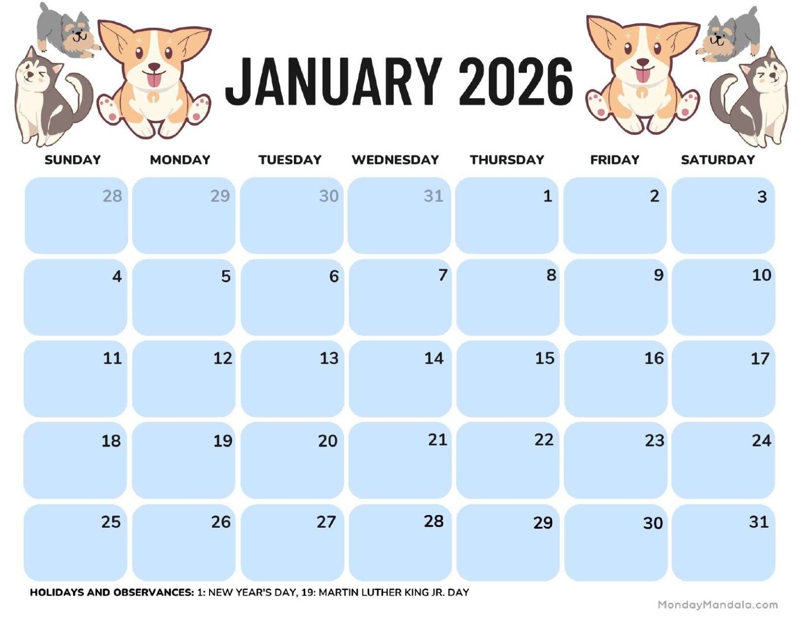Printable Calander January 2026