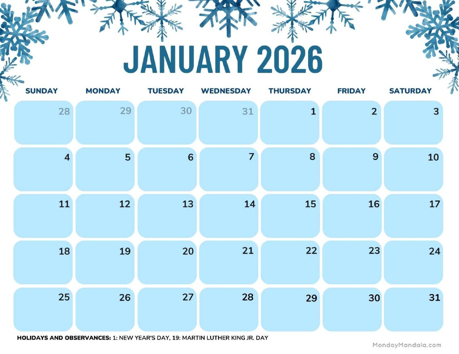 Blank Calendar January 2026 Free Printable