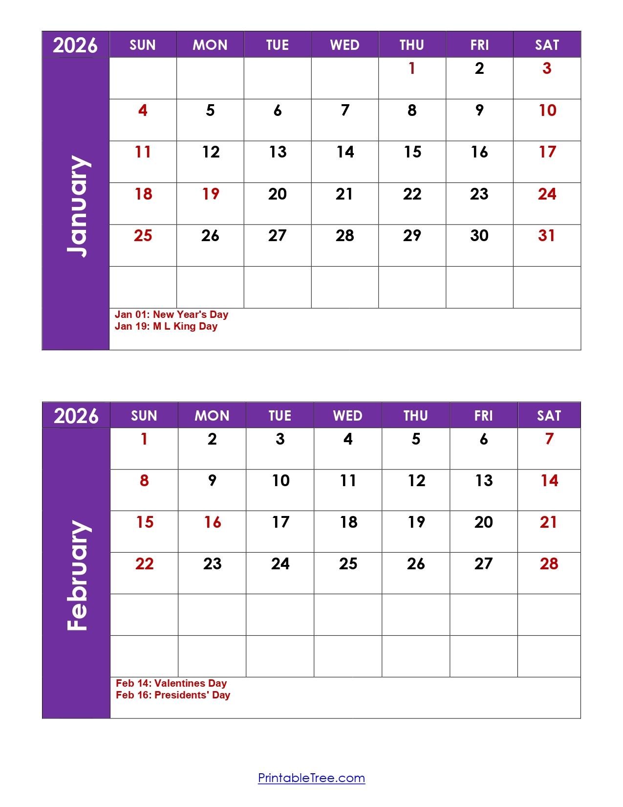 Free Printable 2026 January February Calendar