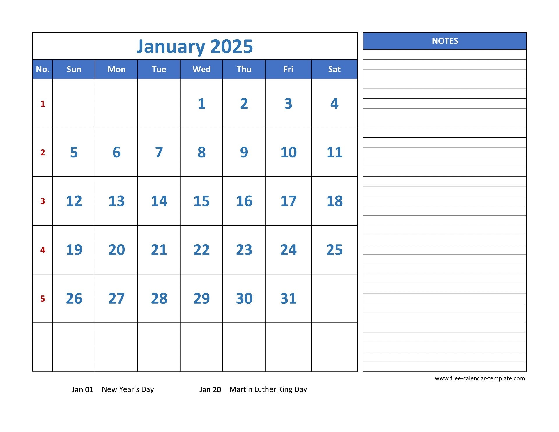 January Calendar 2025 Grid Lines For Holidays And Notes 