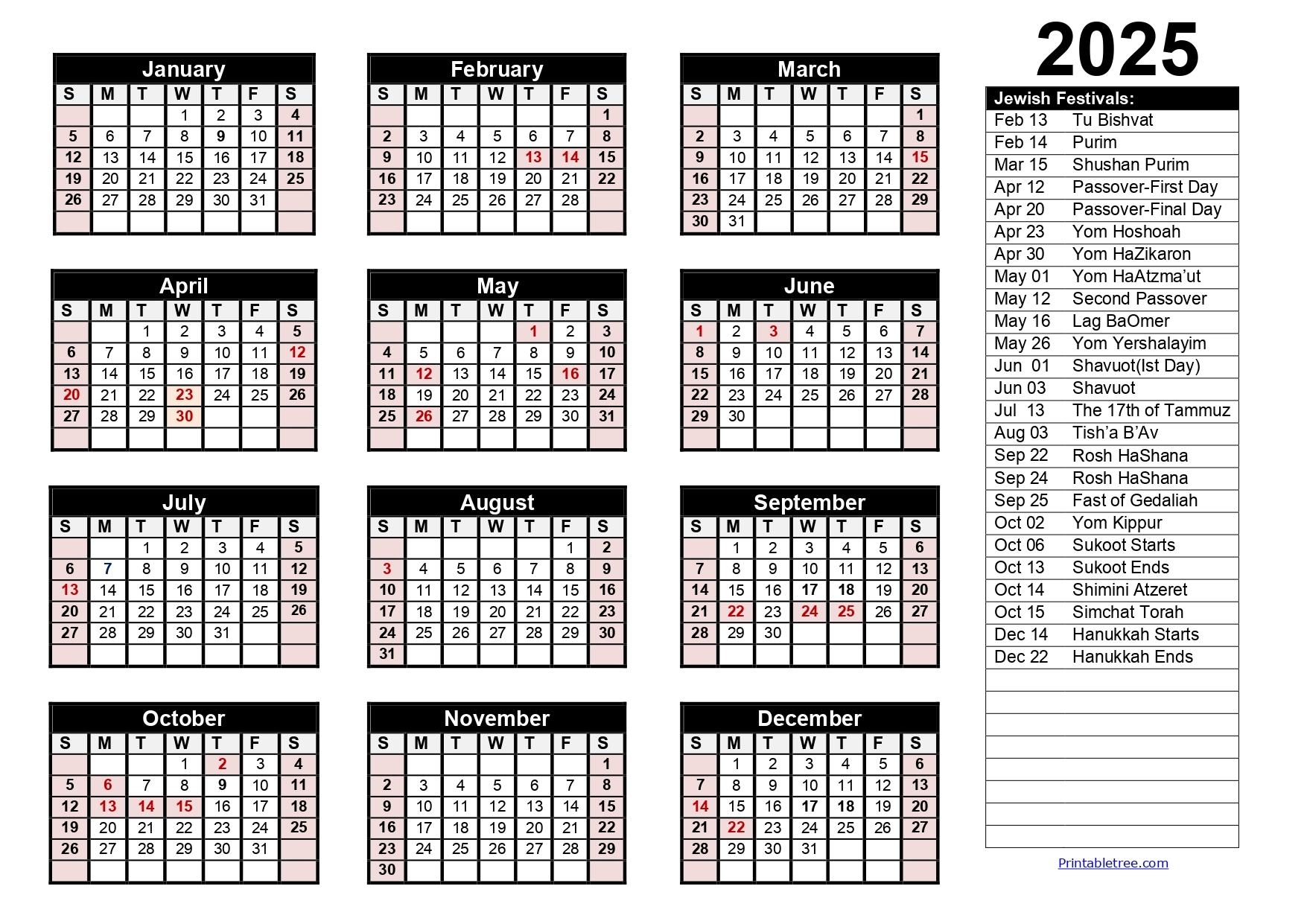 Hebrew Calendar 2025 With Holidays Printable