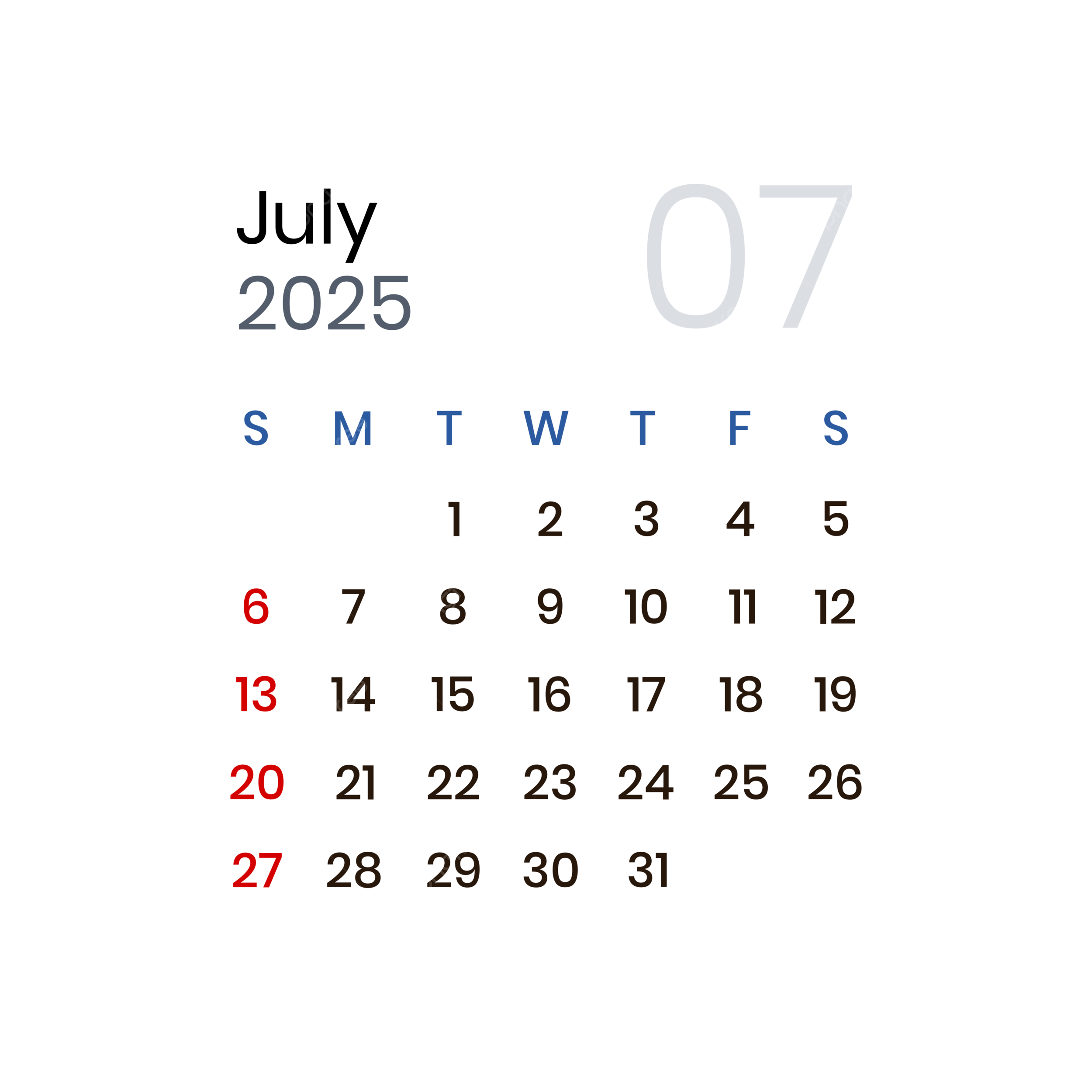 July 2025 Calendar Elegant Vector July 2025 July 2025 Calendar Calendar 2025 PNG And Vector With Transparent Background For Free Download