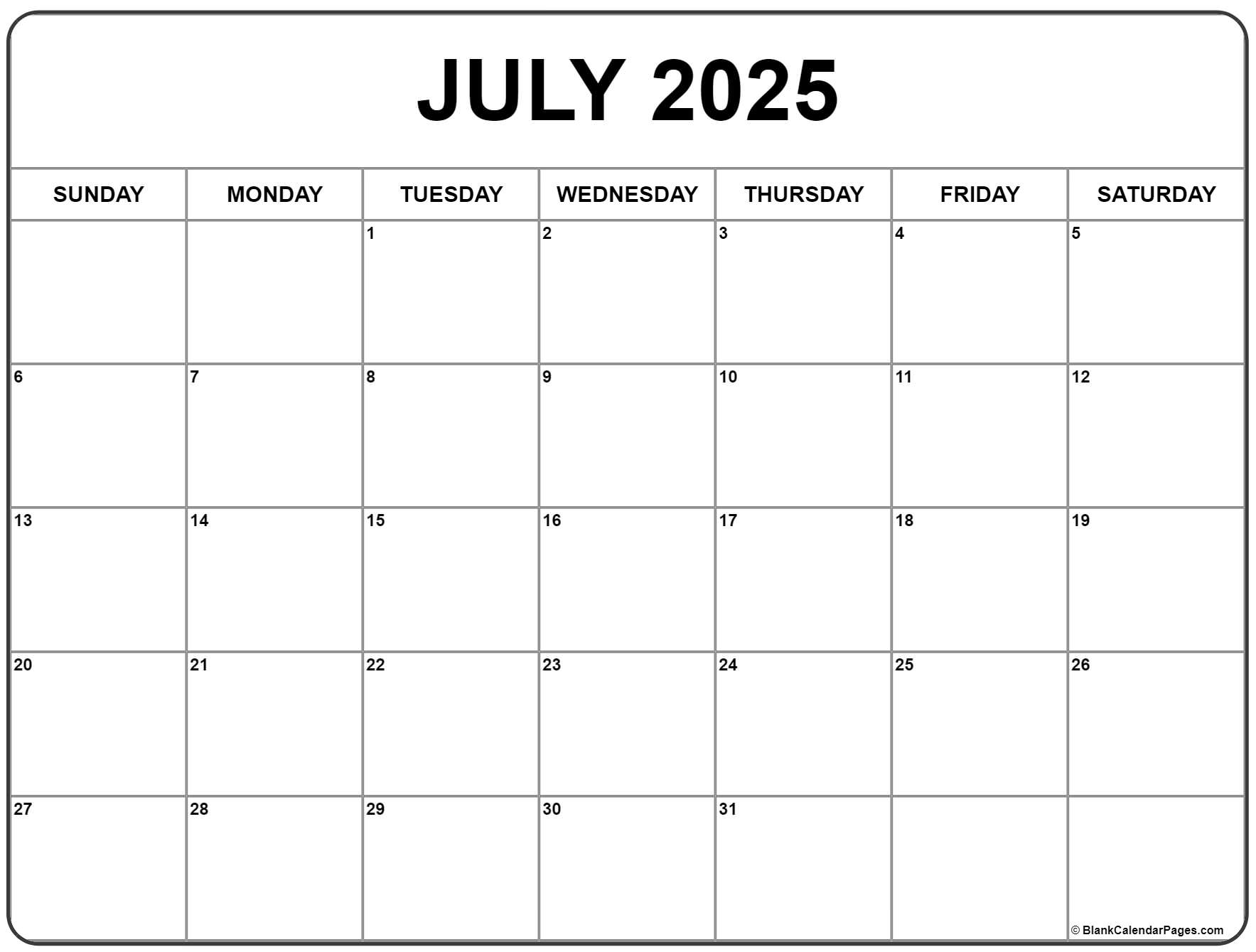 July Summer Calendar 2025