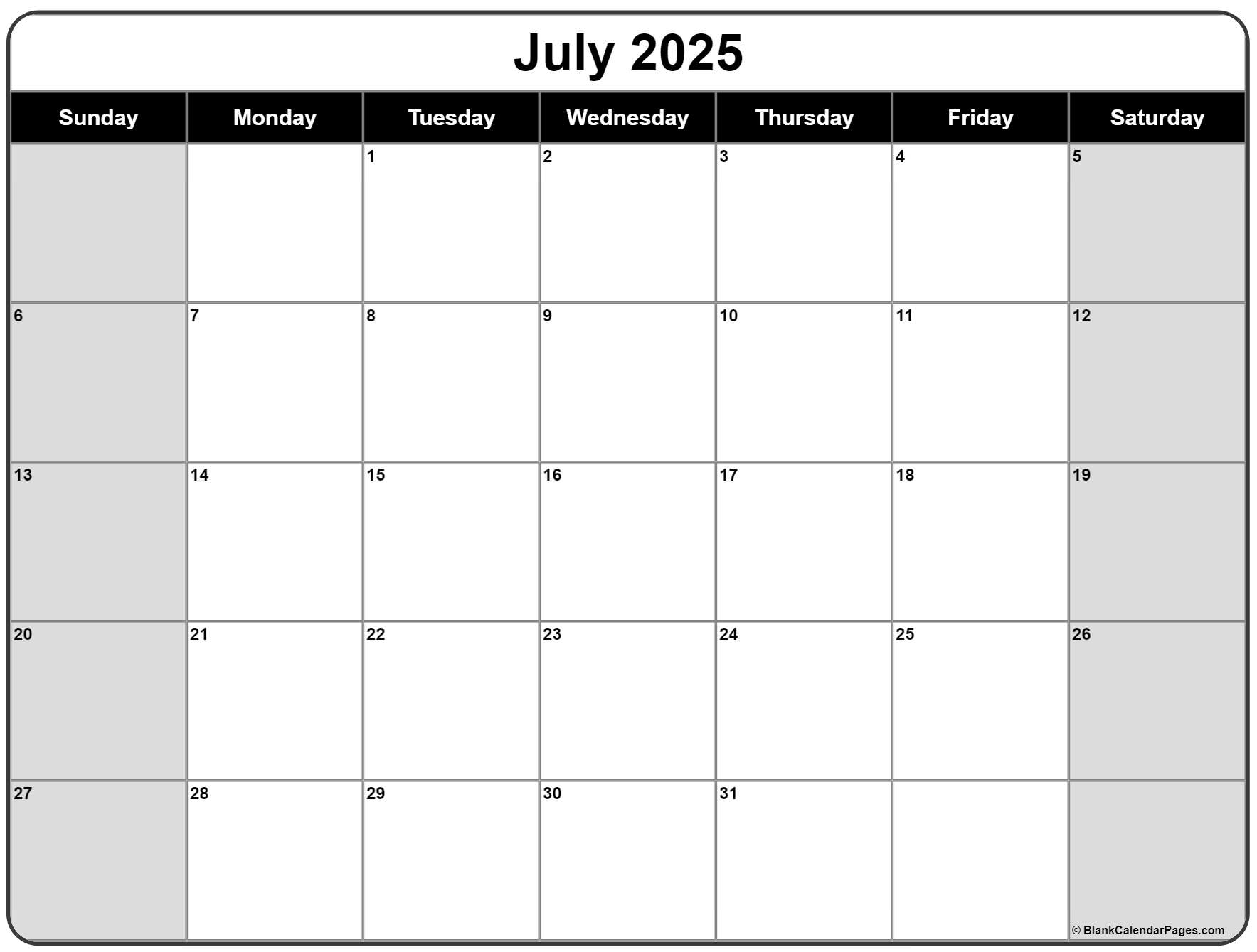 Large Printable Calendar July 2025