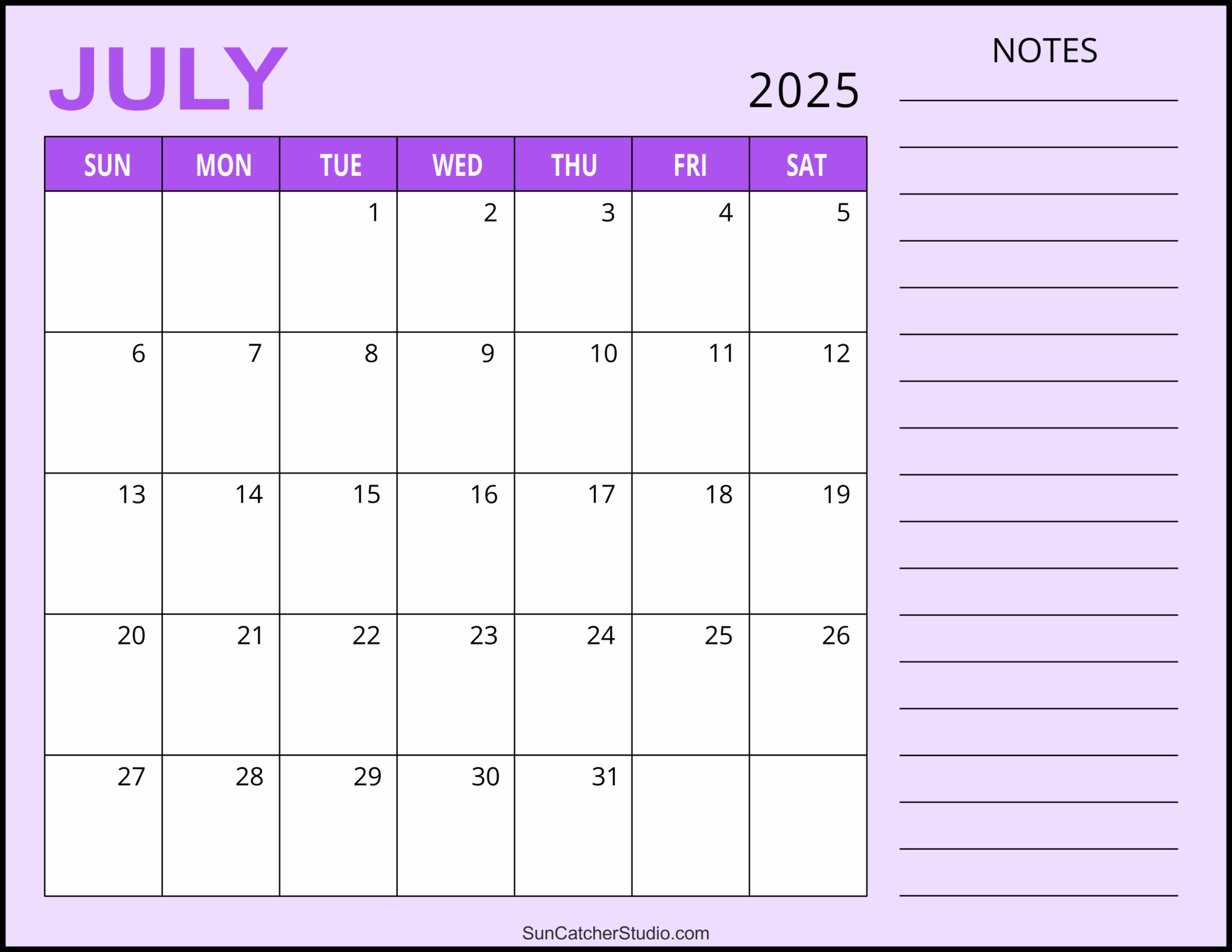 Blank July Calendar Page 2025