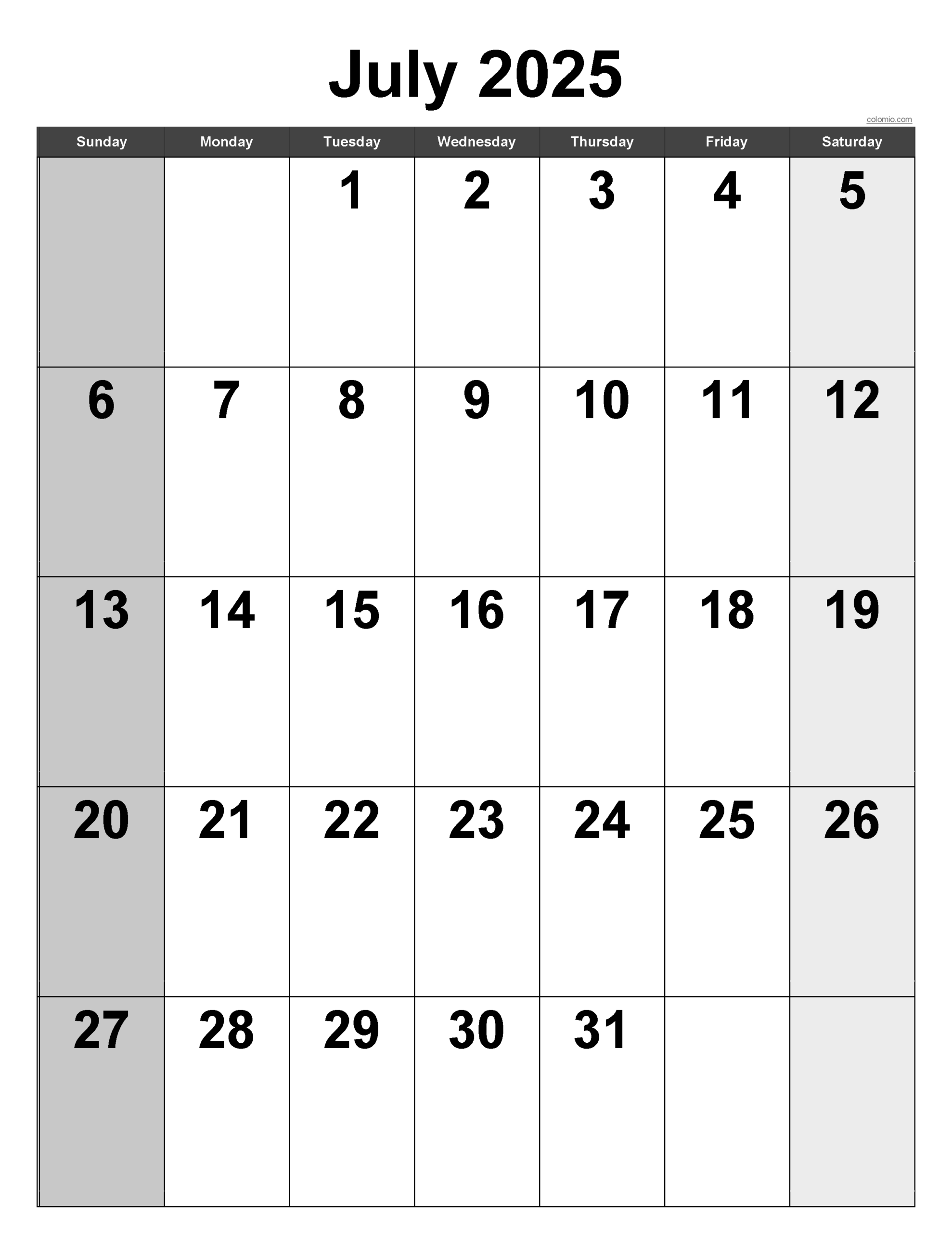 Show Me July Calendar 2025