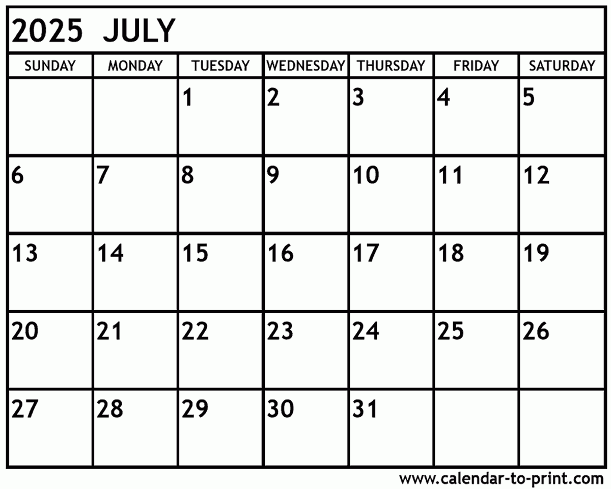 Free Printable 2025 Monthly Calendar With Holidays July