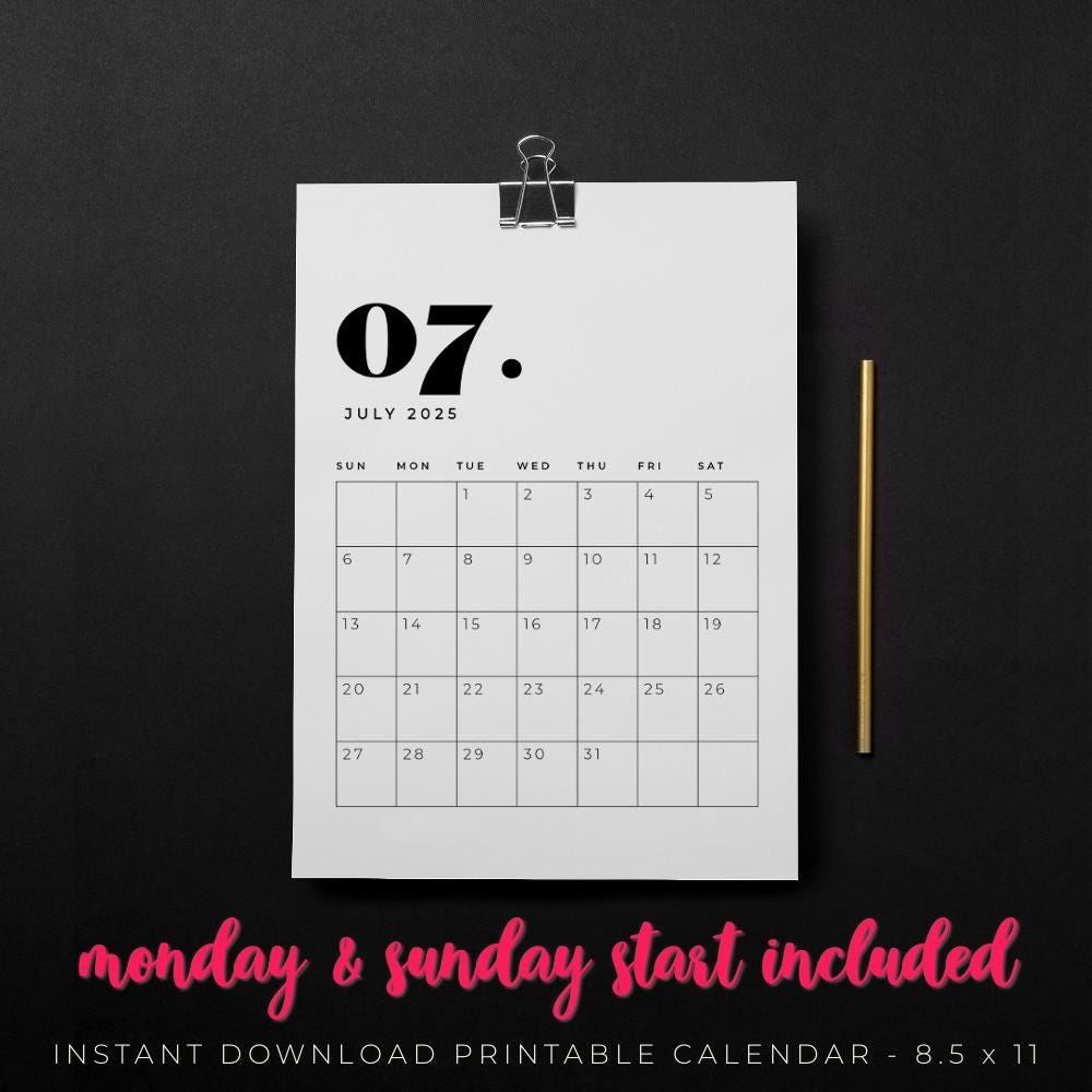 July 2025 Calendar Printable July Calendar Monthly Calendar July 2025 Baby Announcement Etsy Australia