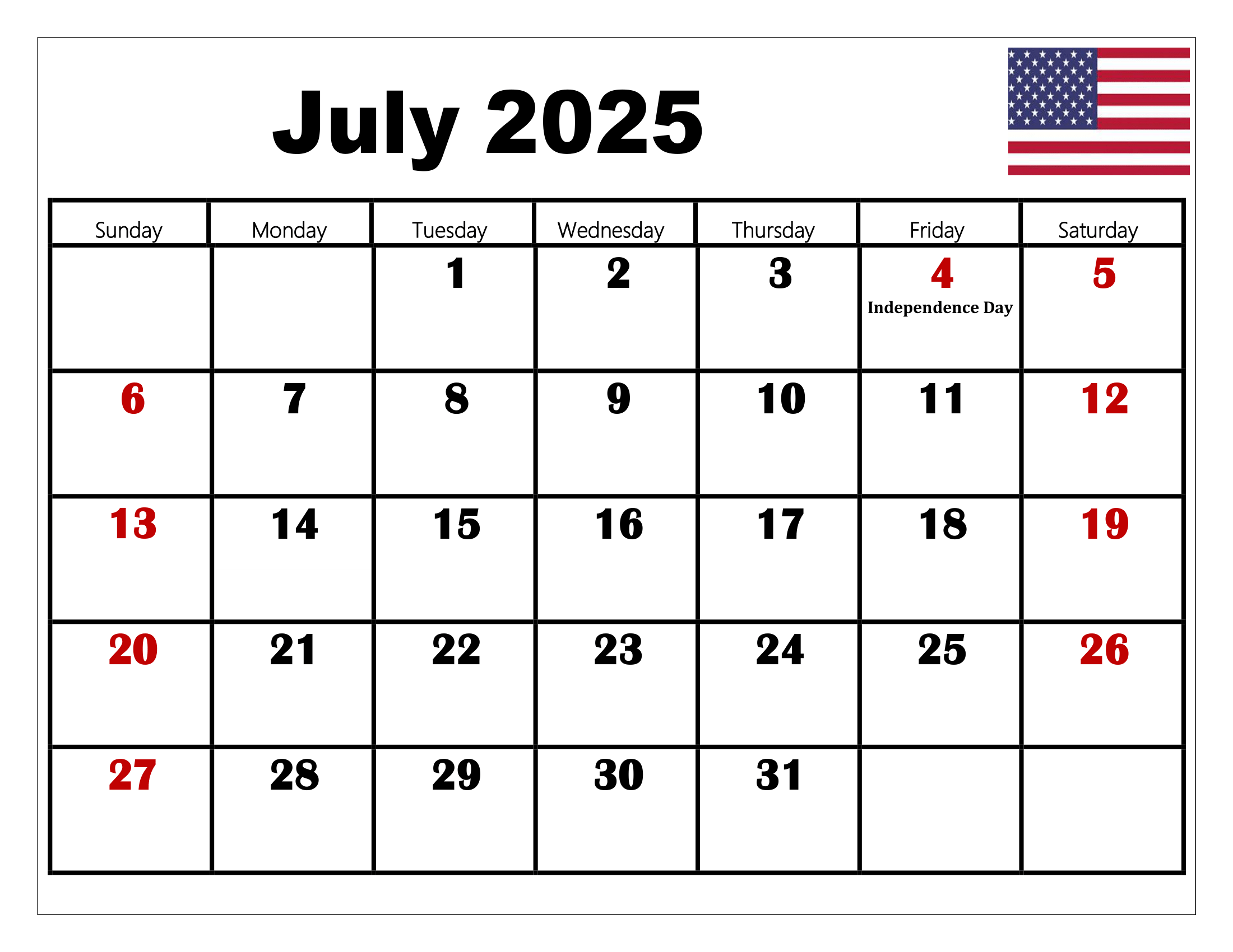 10 July 2025 Calendar Printable