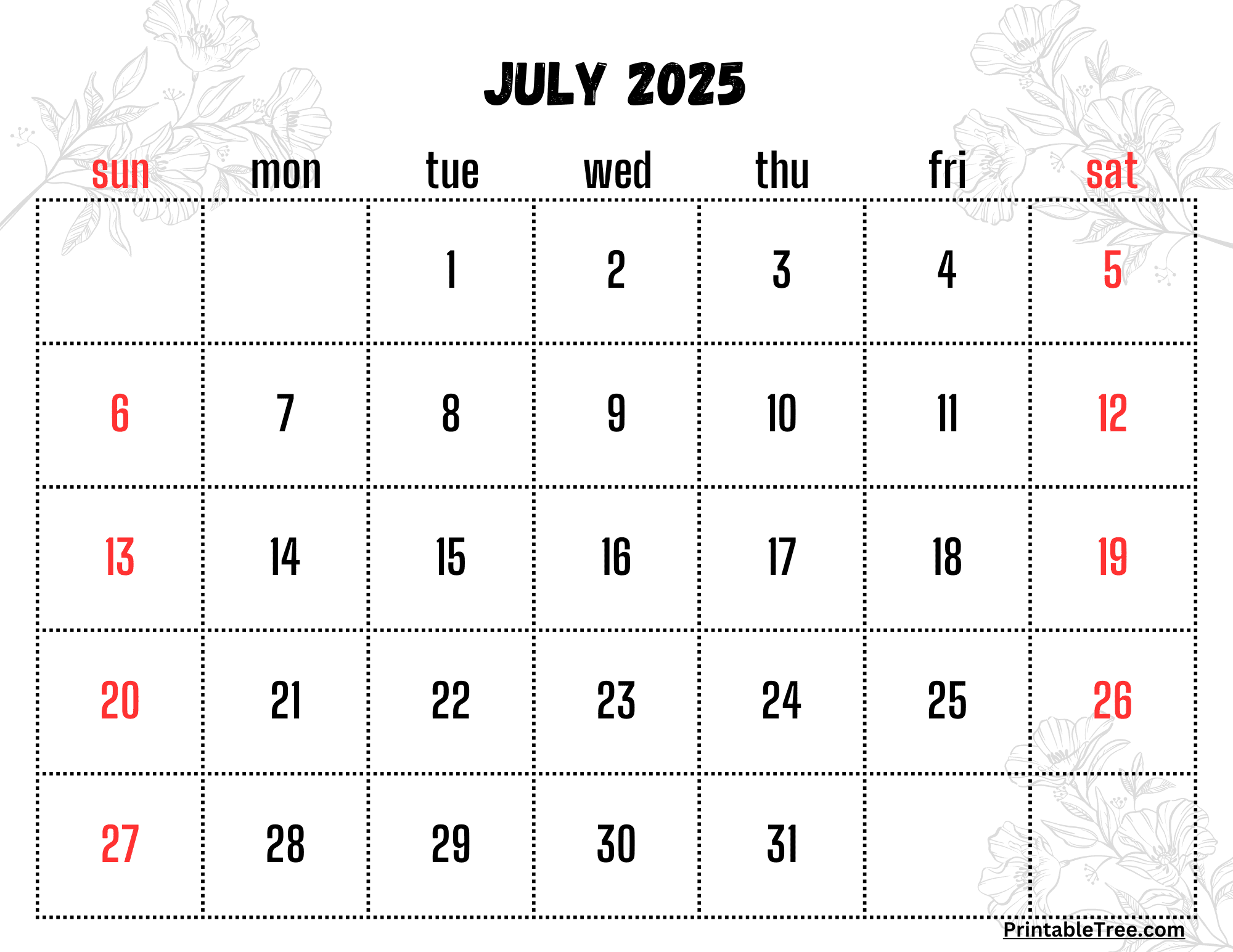 Floral July 2025 Calendar