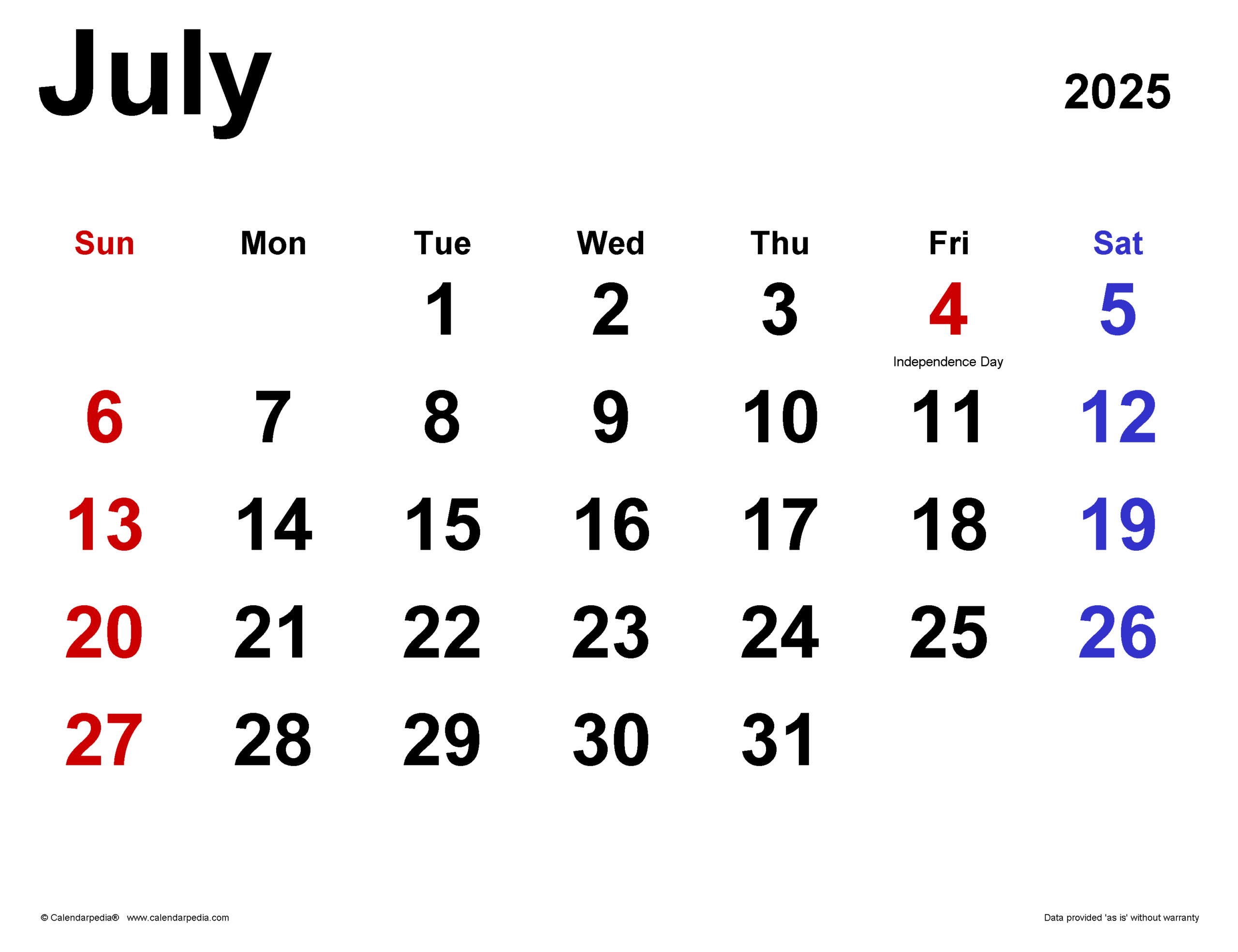 July 2025 Printable Calendar Word