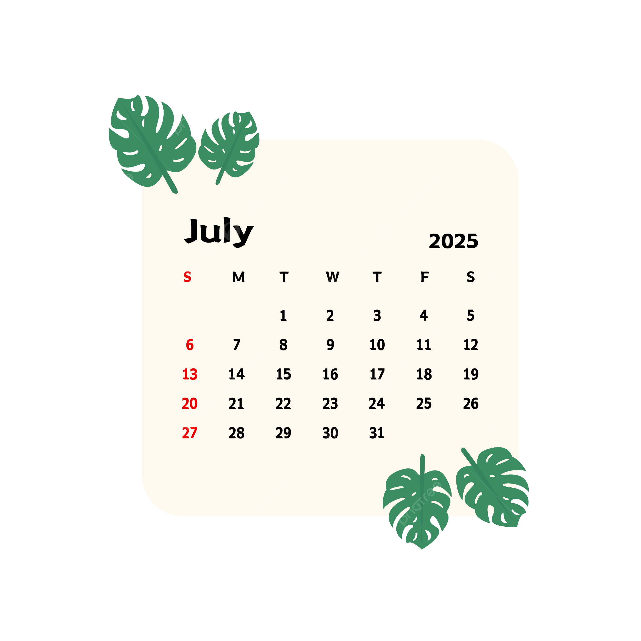 July 2025 Calendar With Cartoon Summer Leaves Flowers Vector Calendar July 2025 Summer Leaves PNG And Vector With Transparent Background For Free Download