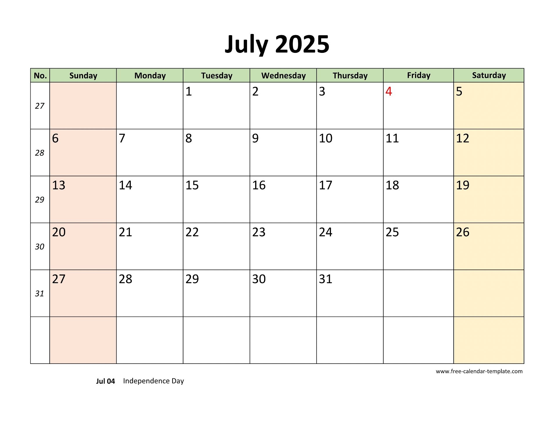 July 2025 Calendar Word Template