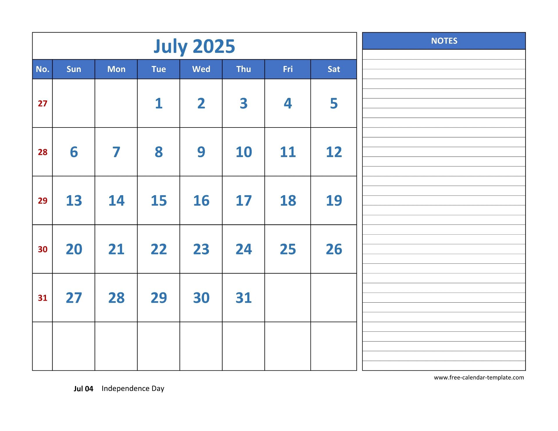 July Calendar 2025 Word